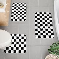 Vista 8 de Uphome Bathroom Rugs Set 3 Piece, Black and White Checkered Bath Mat Set Non Slip Machine Washable, Soft Plush Microfiber Bathroom Mat with U Shaped