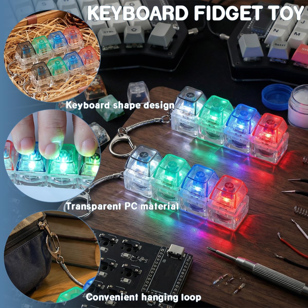 2 Pcs Keyboard Fidget Toy Light Up, Keyboard Clicker Fidget, Loud Decompression Button Finger Clicker Toy, 4-in-1 Keychain Button Stress Relief Fidget for Adult to Relief Stress