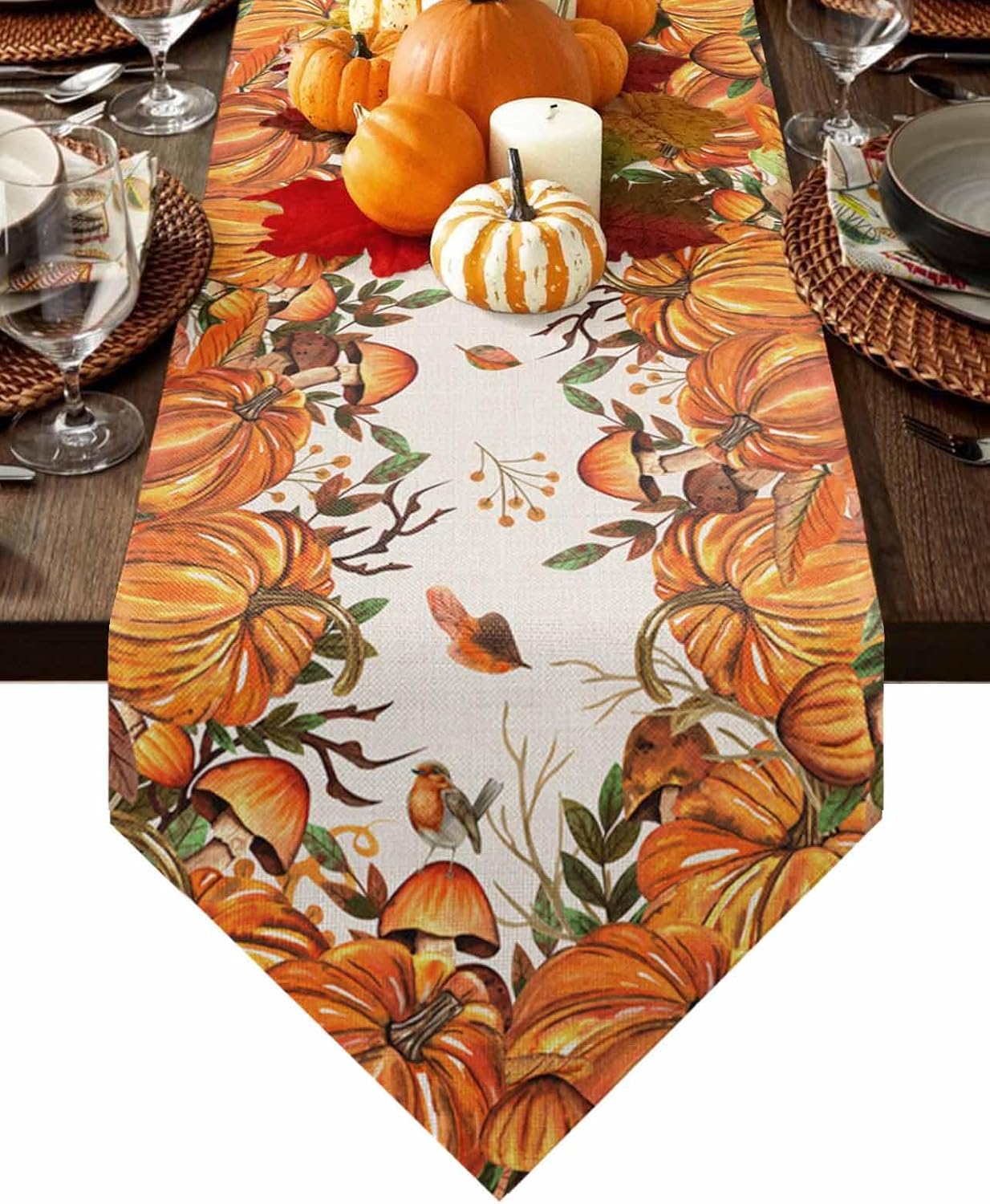 Thanksgiving Table Runners Dresser Scarves,Fall Pumpkin Maple Leaves Bird Linen Cotton Tabletop Runners for Indoor Outdoor Holiday Party Decor-13x36inch,Autumn Harvest Mushroom Tree Branch