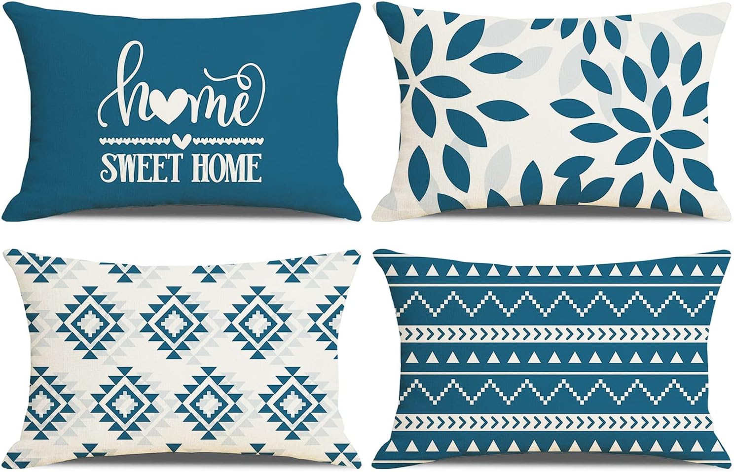 UINI Blue Decorative Pillow Covers 12x20 Inch, Set of 4 Modern Geometric Pillow Covers, Cotton Linen Home Décor Cushion Covers for Farmhouse Sofa, Bedroom, Couch