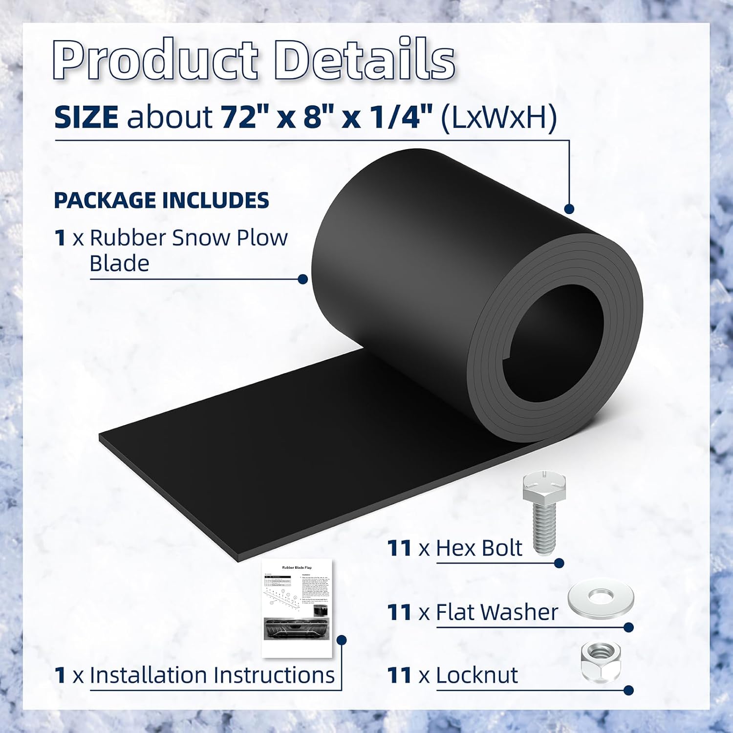 Universal Snow Plow Blade Flap - 72”x 8”x 1/4” Rubber Snow Deflector with 11 Sets Mounting Hardware, Compatible with Kolpin & Polaris, Suitable for ATVs, UTVs, Side-by-Side Vehicles, and 4-Wheelers
