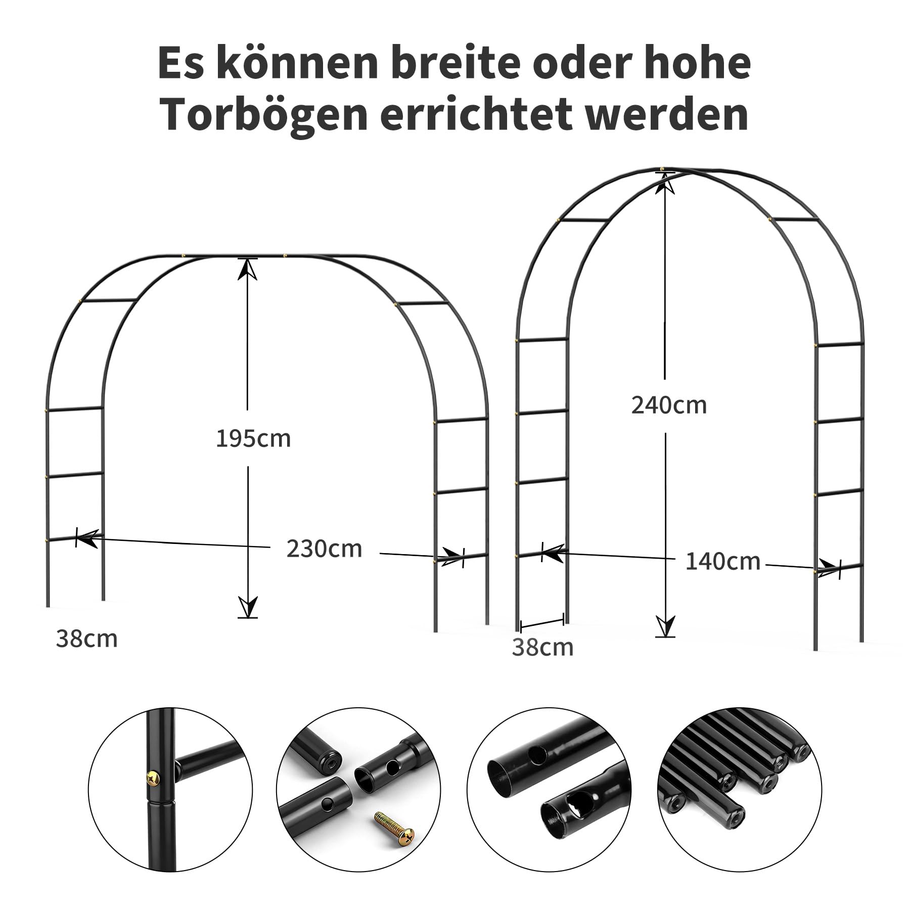 Gartenbogen aus Metall, 2,4M Garten-Torbogen Pulverbeschichteter Stahlrahmen für Pflanzen zur Unterstützung von Rosen, die Torbogen-Gartendekoration (Schwarz)