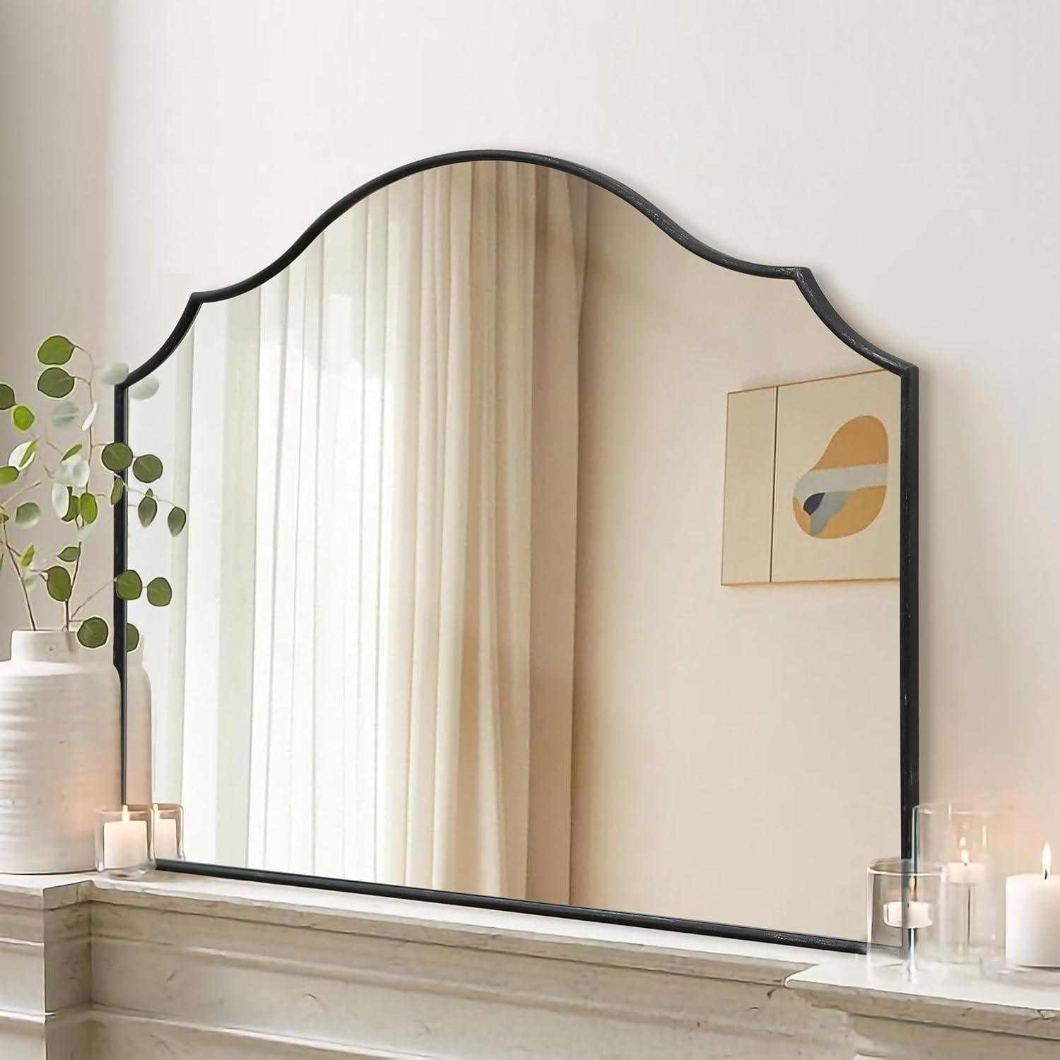 Black Scalloped Arched Mirror: 42”\"x38\" Large Modern Wall Mirror - Minimalist Decorative Dresser Mirrors for Vanity/Bedroom/Fireplace/Living Room/Entryway/Wall Decor 26\"L x 36\"W Black