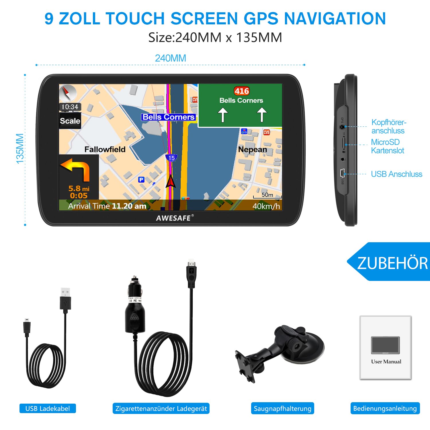 AWESAFE LKW Navi 9 Zoll Navigationsgerät mit Bluetooth 2023 GPS Navigation unterstützt lebenslang Kartenupdate