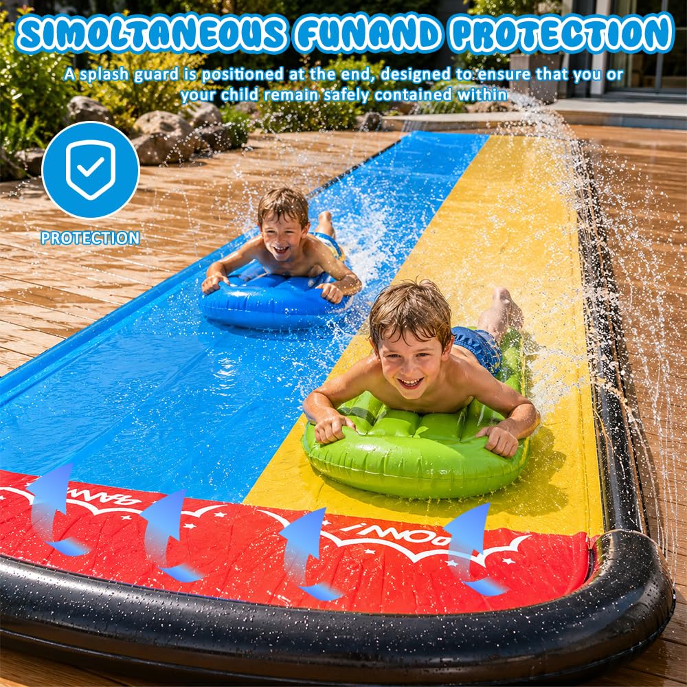 Wasserrutsche Garten 600x140cm Doppel-Wasserrutsche mit 2 Bodyboards, eingebautem Sprinkler
