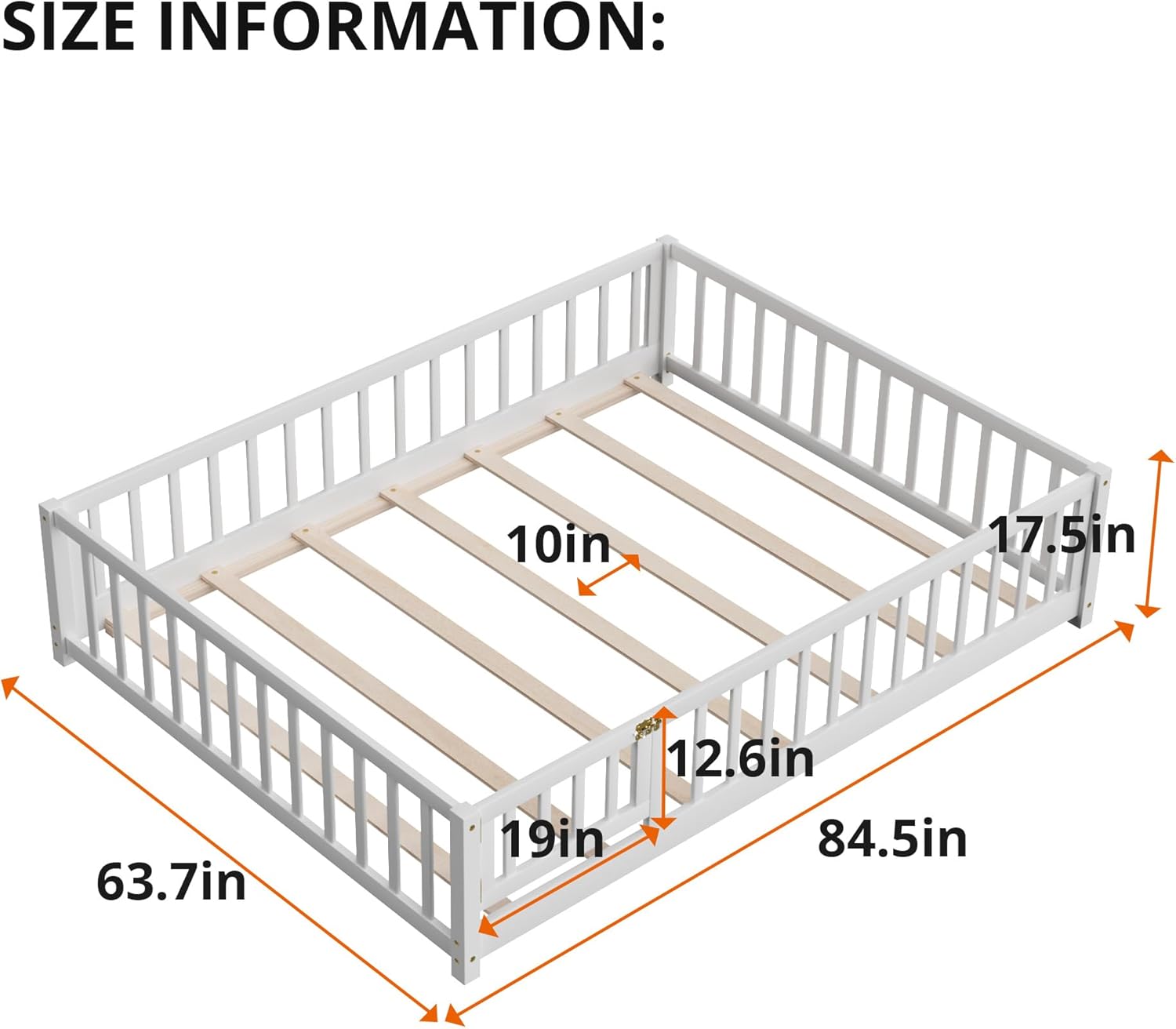 LLS Queen Floor Bed for Children, Durable Montessori Floor Bed with Wood Slats, Safety Fence & Small Door, Wood Floor Bed Frame for Girls Boys Children, White (with Bed Slats)