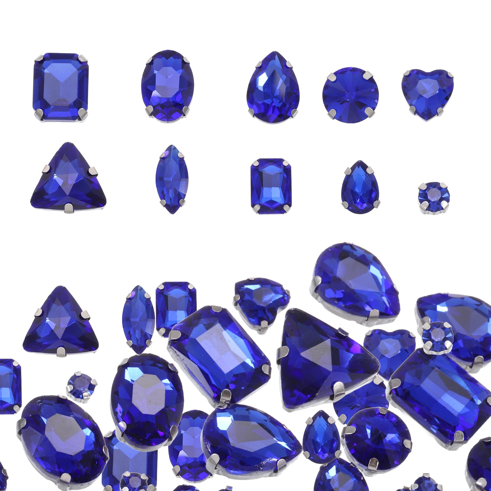 MECCANIXITY 100Pcs Sew on Rhinestones, 7-18mm Mixed Shapes Flatback Glass Crystal Sewing Gems with Silver Claw Prong Setting for Crafts Clothing Shoes Accessories, Dark Blue(Style 1)