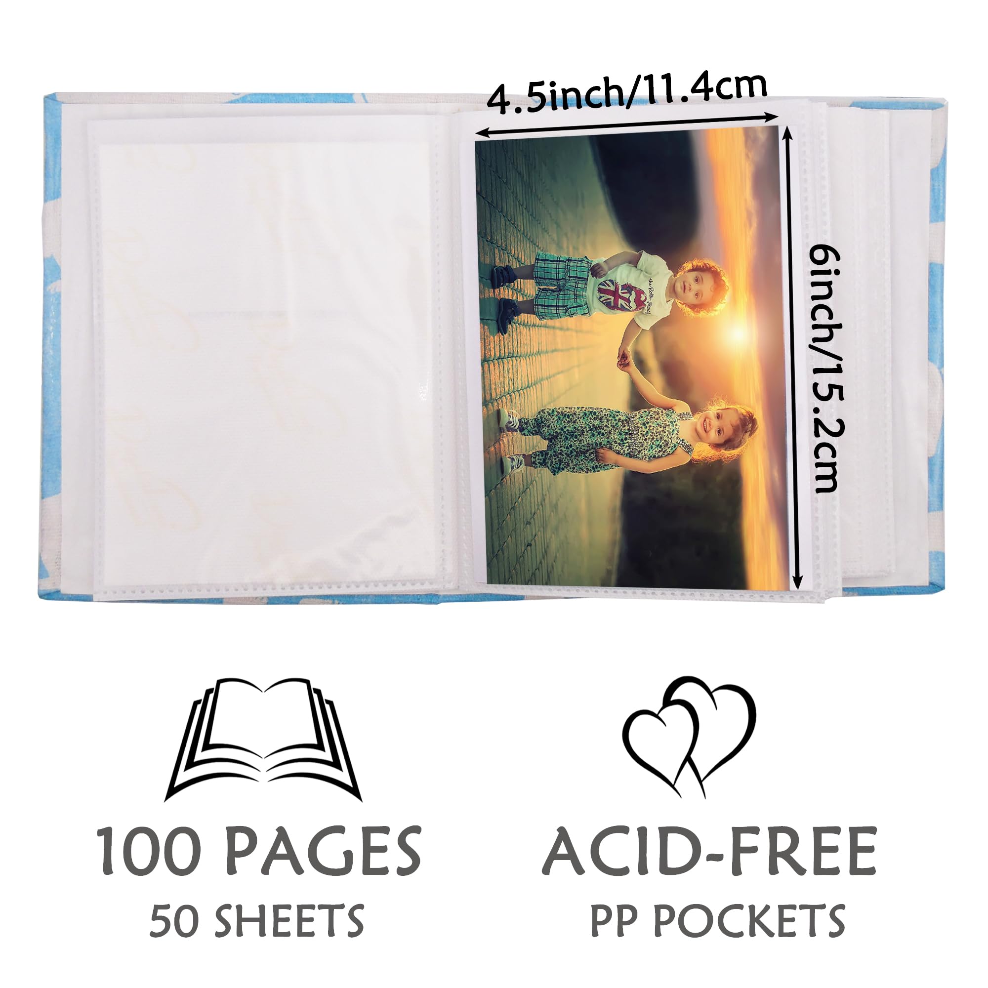 Dankeler Small Photo Album for Kids 100 Pockets 4x6 Bookshelf Baby Picture Album, Slip-in Linen Cover Photo Book for Family(Dino) - Image 2