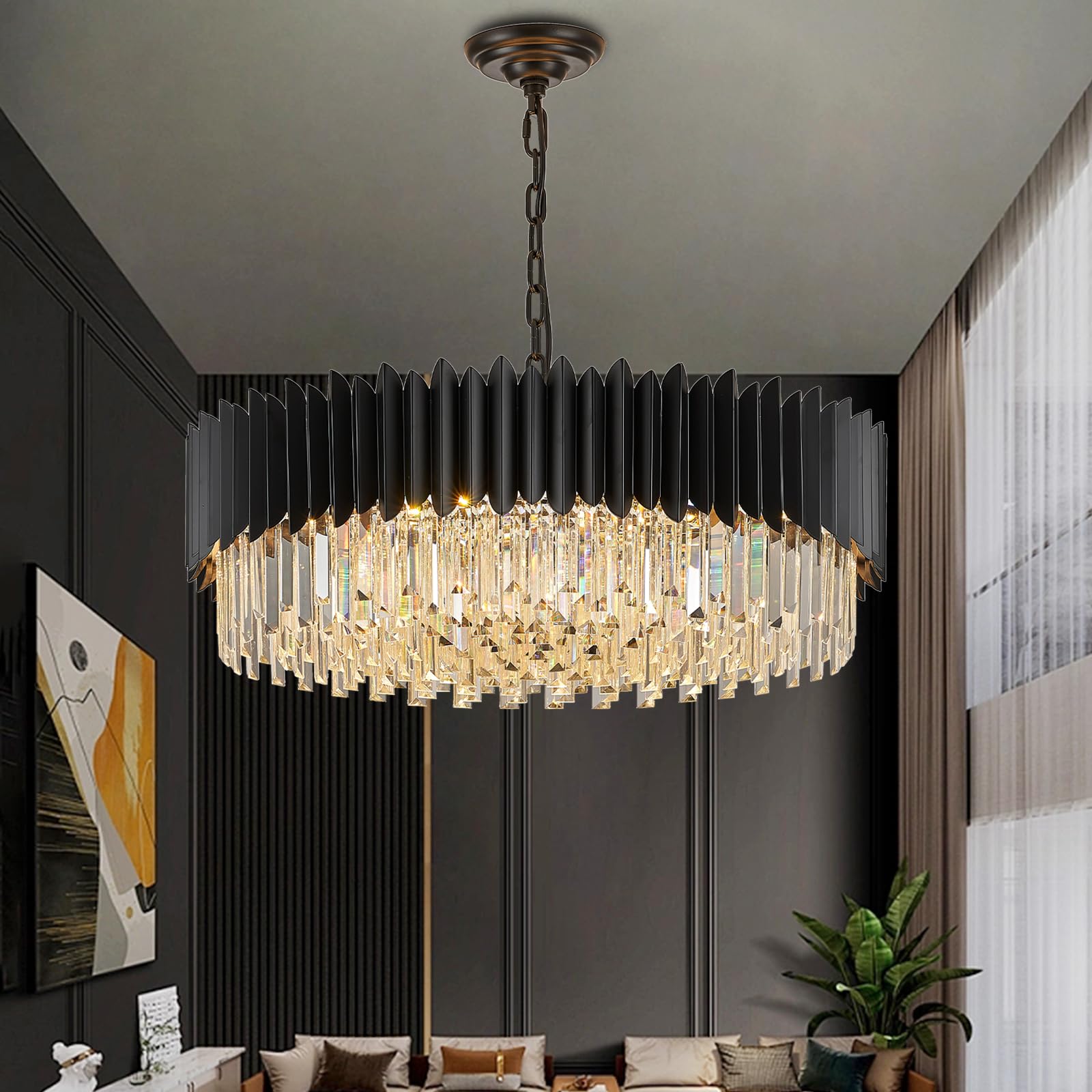 YOLIZUOT Black Crystal Chandelier 30'' K9 Crystal Round Pendant Lights Adjustable 6-Tier Large Modern Crystal Chandelier Light 12-Lights for Dining