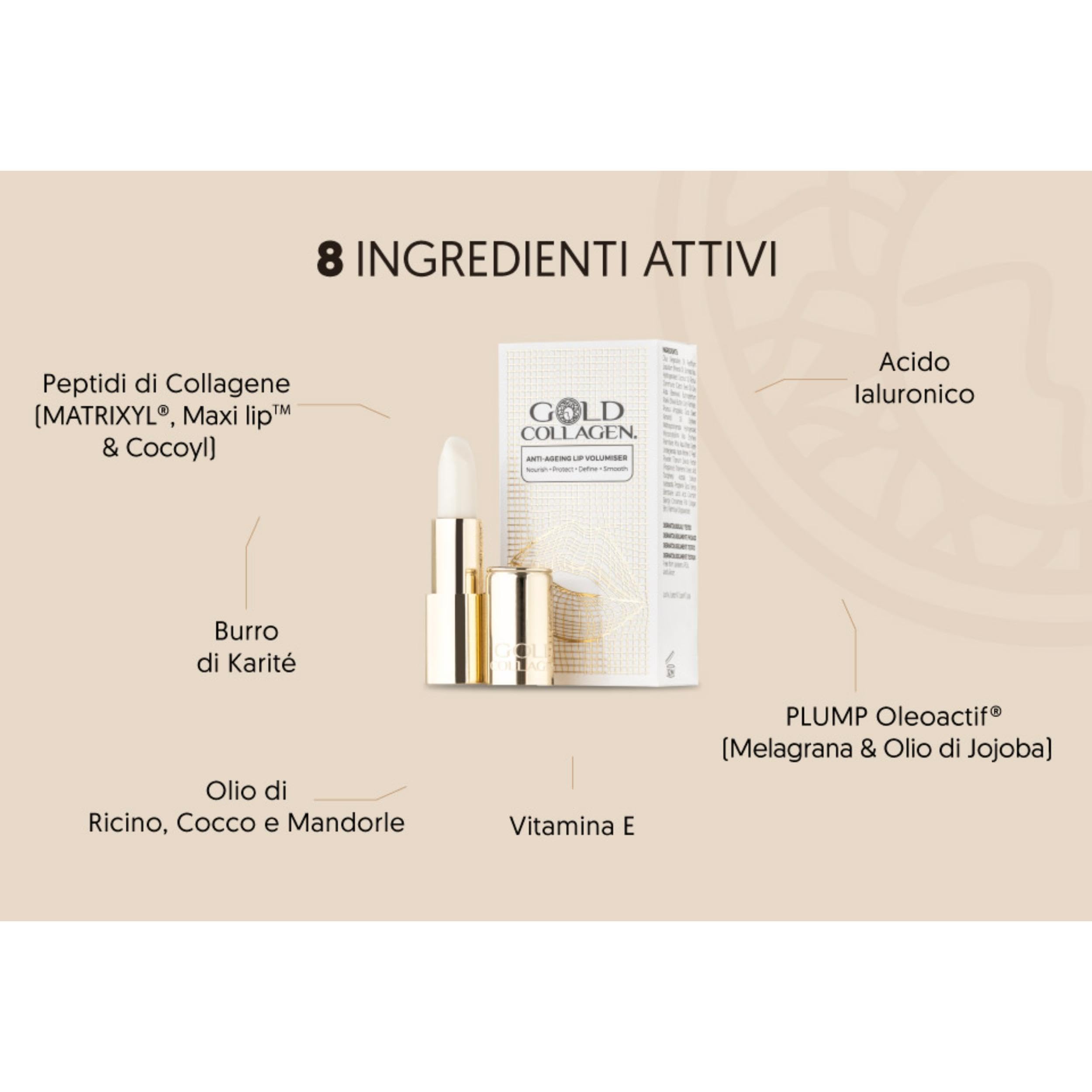 GOLD COLLAGEN Lip Volumiser - Balsamo Labbra Antiage con Collagene Marino e Vitamina E, Olio di Cocco, Ricino e Oli Naturali - Lip Balm Effetto Perlato Idratante, Aumenta il Volume con Uso Regolare