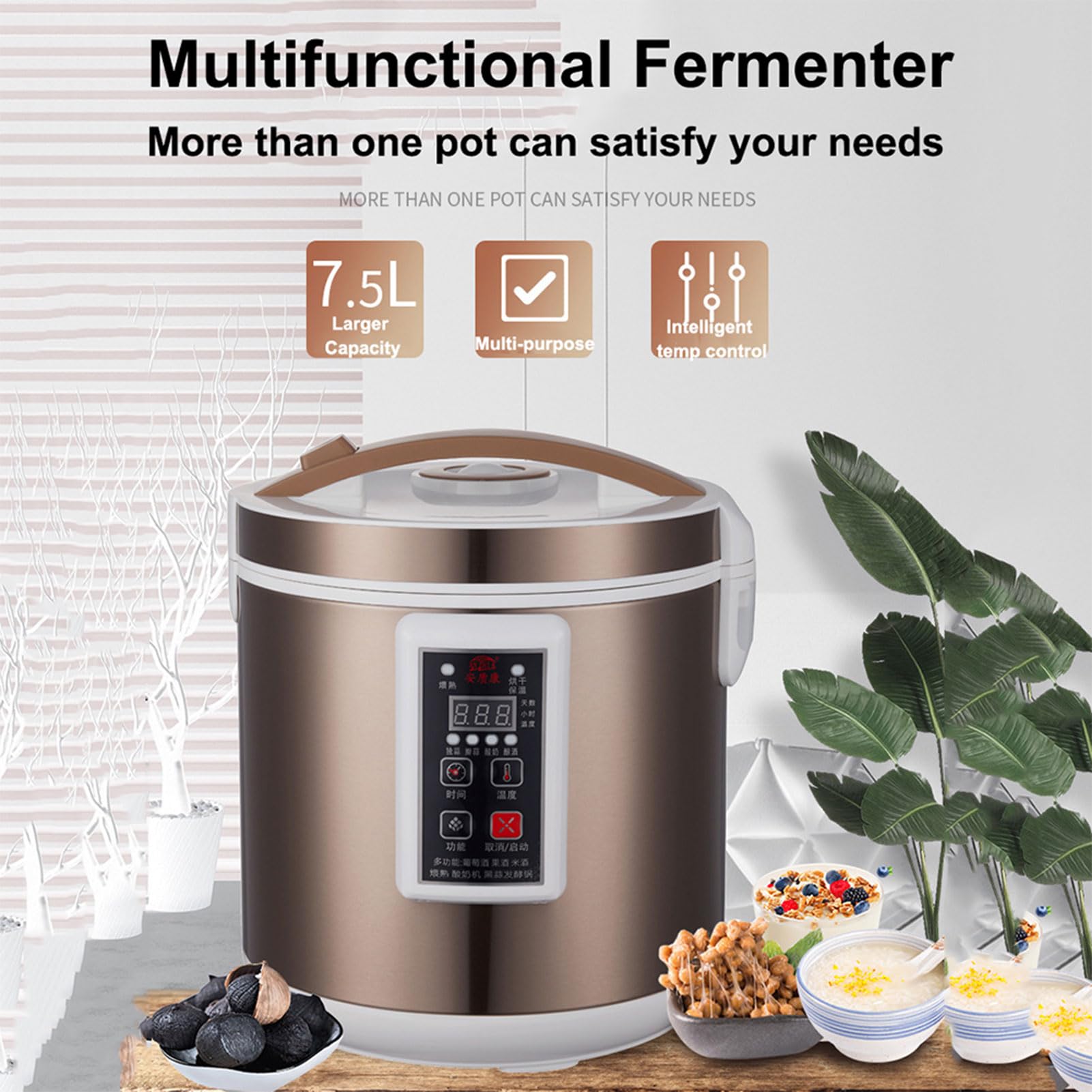 Máquina de fermentación automática, olla fermentadora multifuncional de 5 litros con estante de ajo de 2 niveles para yogur, natto, arroz dulce y más