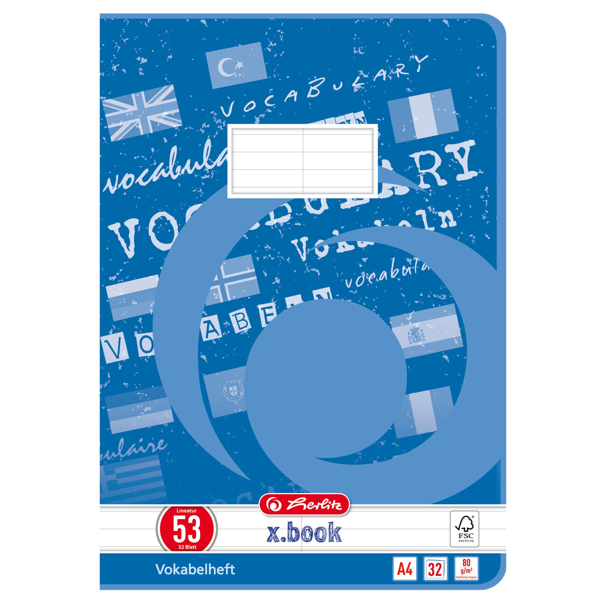 Herlitz Vocabulary Book A6 60 Sheets FSC Mix A4, 32 Sheets, Lined with Centre Line, Ruling 53