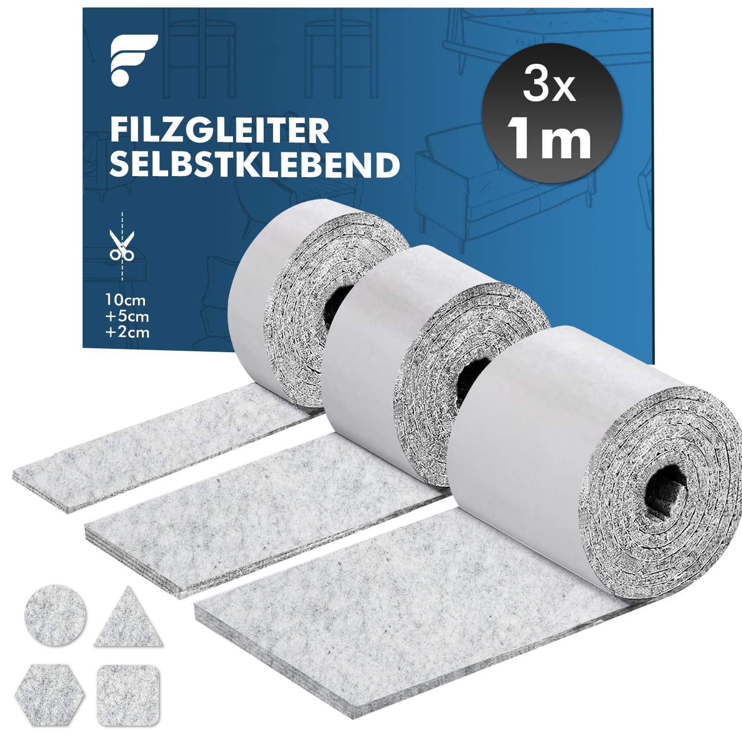 shinfly Filzgleiter Selbstklebend 4mm Dicker, Filz Selbstklebend Möbelgleiter, Filzgleiter für Stühle Möbel, Schneiden Sie Jede Form, 100cm*10cm+100cm*5cm+100cm*2cm, Stark Klebendes Anti-Rutsch, Grau