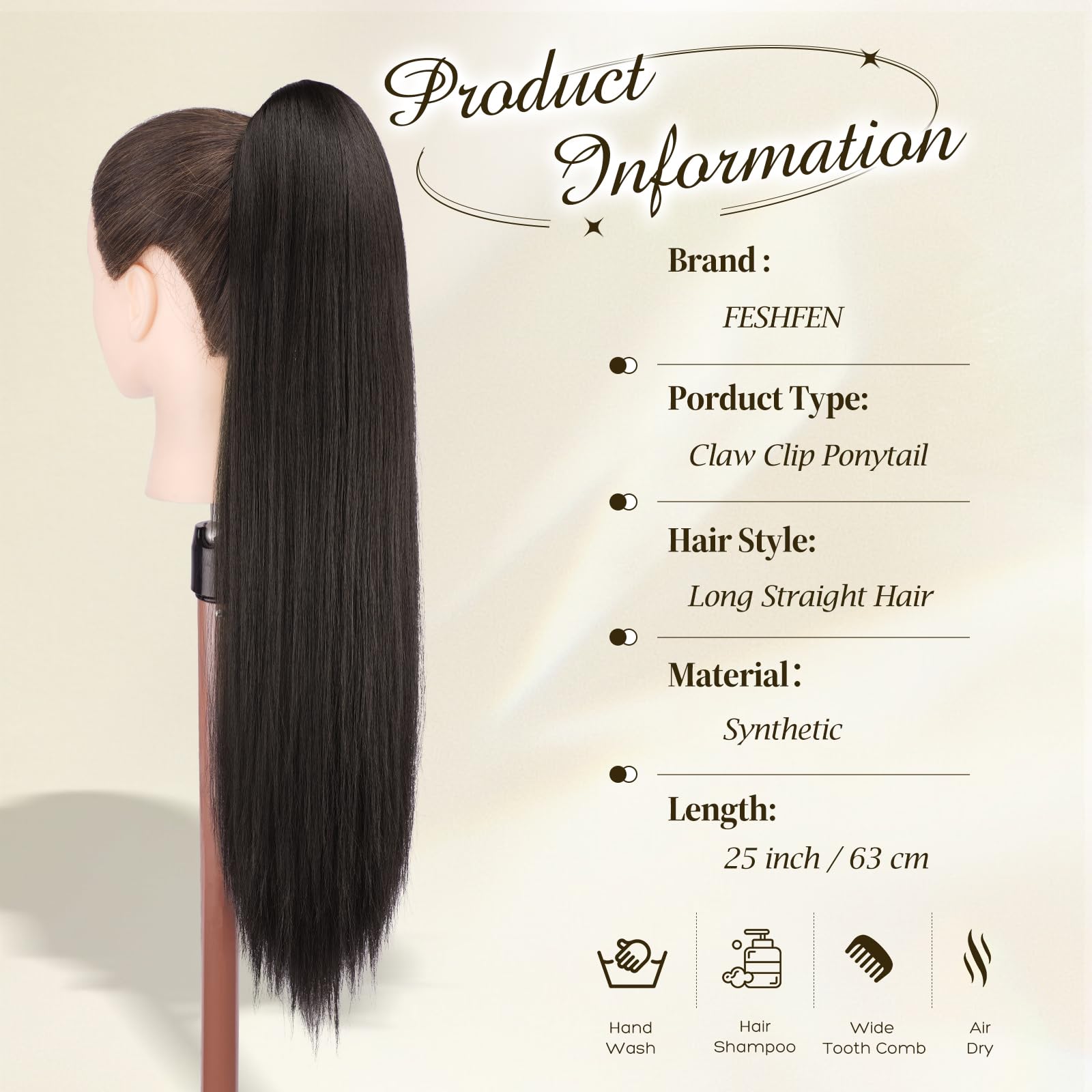 FESHFEN Coletas Postizas con Pinza - Coleta Postiza Pelo Natural Lisa Larga Ponytail Clip de Extensiones de Cabello Negro Marrón Sintético Cola Postizos para Mujeres, 63 cm