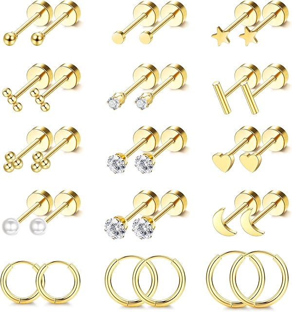 FIOROYAL 15Pairs Stud Earrings for Women Surgical Steel Hypoallergenic Earrings 14K Gold Plated Flat Back Earrings Set Tiny Ball Pearl Moon and Star Earrings Helix Cartilage Hoop Earrings for Women Girls