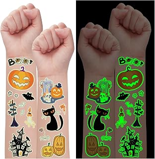 Partywind 295 Styles Glow Halloween Tattoos for Kids Party Decorations, Halloween Party Supplies Favors for Goodie Bag Stuffers, Halloween Treats Gifts for Kids Trick or Treat Party (28 Sheets)