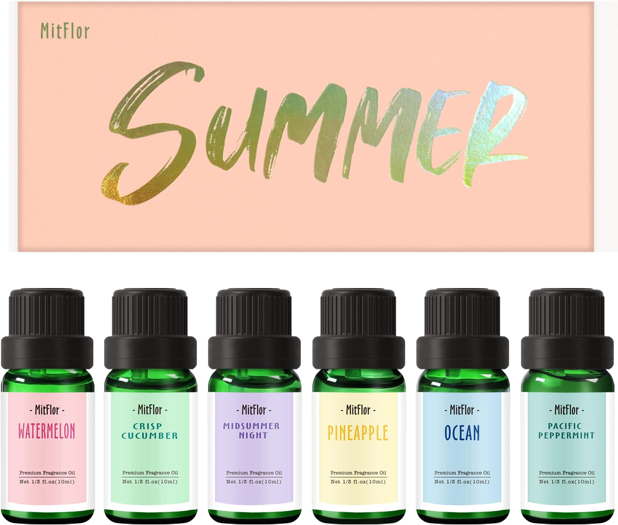 Summer Essential Oils for Diffusers for Home, MitFlor Fragrance Oil Set, Soap & Candle Making Scents, 6x10ml with Ocean, Midsummer Night, Pineapple and More, Aromatherapy Diffuser Oil Gift Set