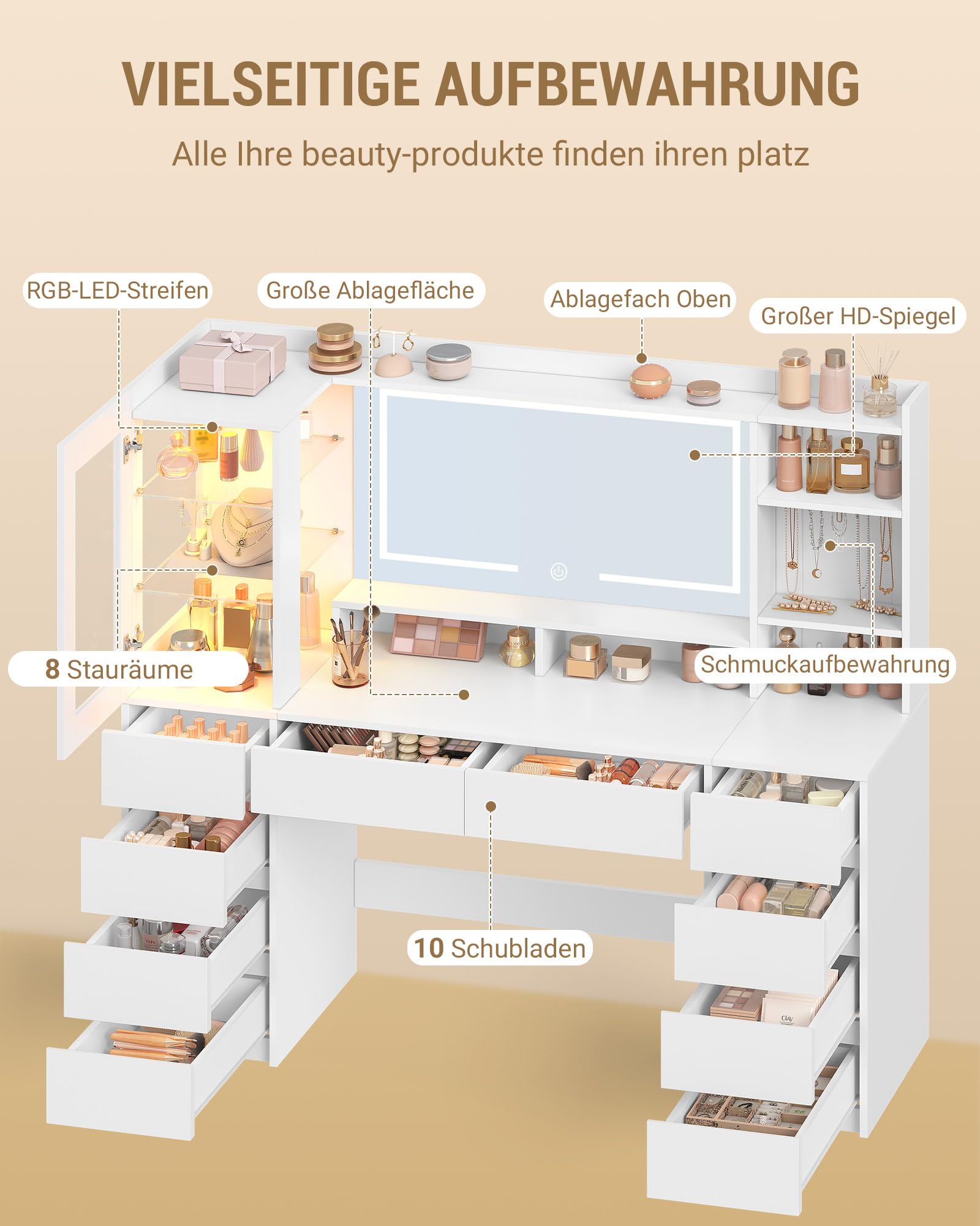 Hzuaneri 140 cm Große Schminktisch mit RGB-Beleuchtung, Schminktisch mit Große Spiegel, Schminktische mit 10 Schubladen und 9 Ablagefächern, Ideal für Schlafzimmer und Büro, Weiß, 1150003XEU