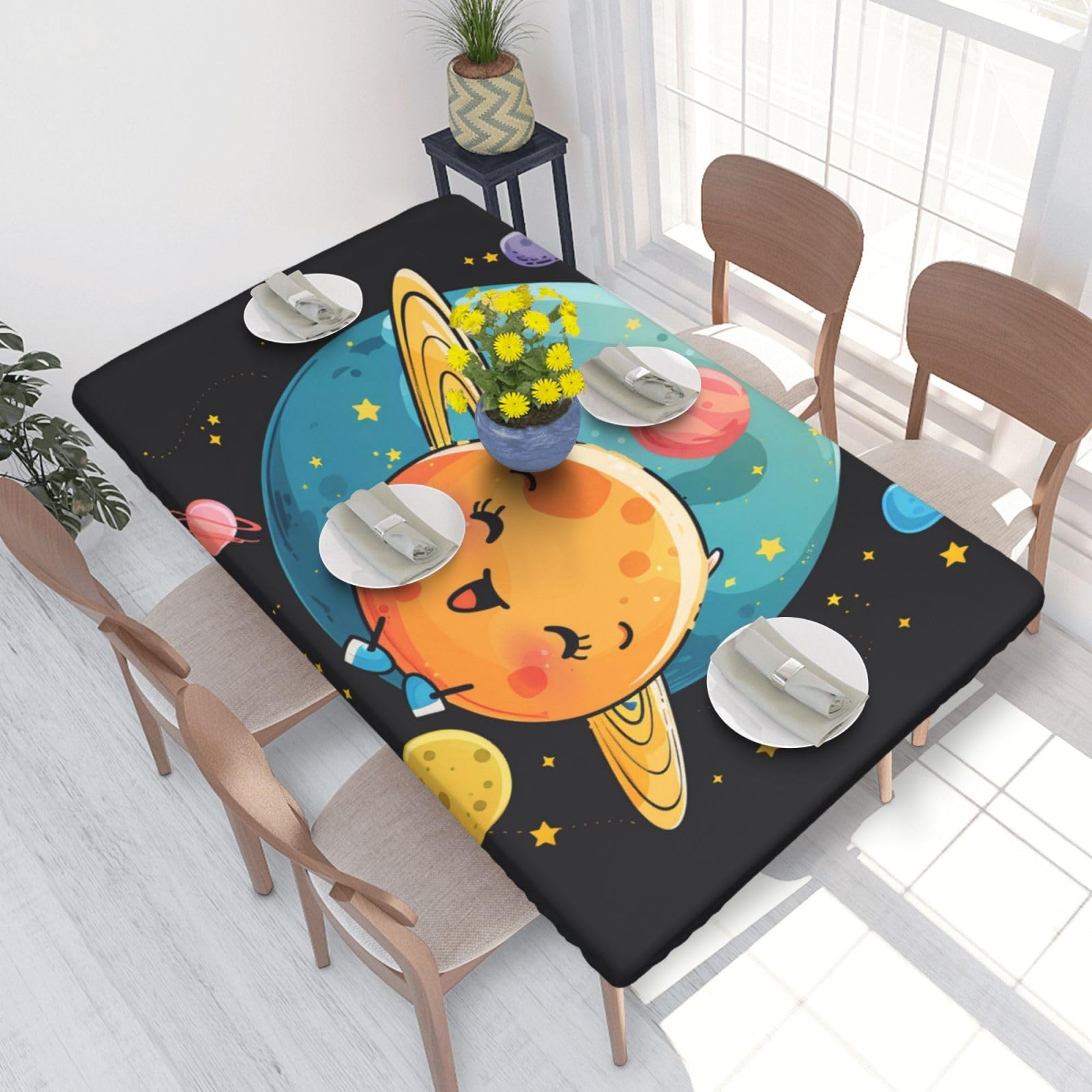 DCARSETCV Cute Cartoon Planets Printed 4FT Waterproof Tablecloth with Elastic Edged Protect & Decor Your Table, Oil-proof Washable Table Cloth Cover for Dinner Picnic Party
