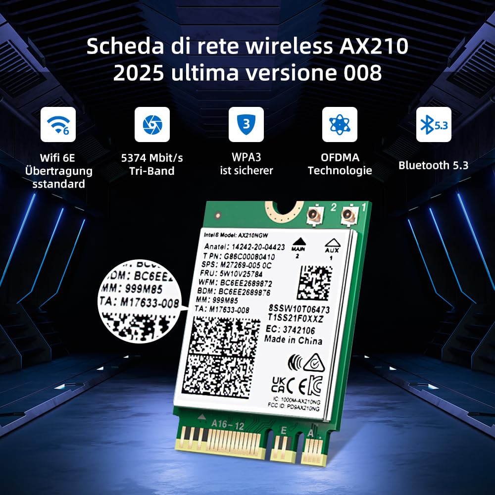 Scheda WiFi AX210 M.2 con Bluetooth 5.3, modulo di rete wireless WiFi 6E 2X2 MU-MIMO 5400Mbps, scheda WiFi per laptop MIMO Interfaccia 802.11AX NGFF con supporto Tri-Band Windows10/11 64 bit