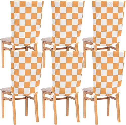 Fundas decorativas para sillas de comedor, color naranja y blanco, a cuadros, antipolvo, lavable a mano, decoración para sillas de comedor, juego de