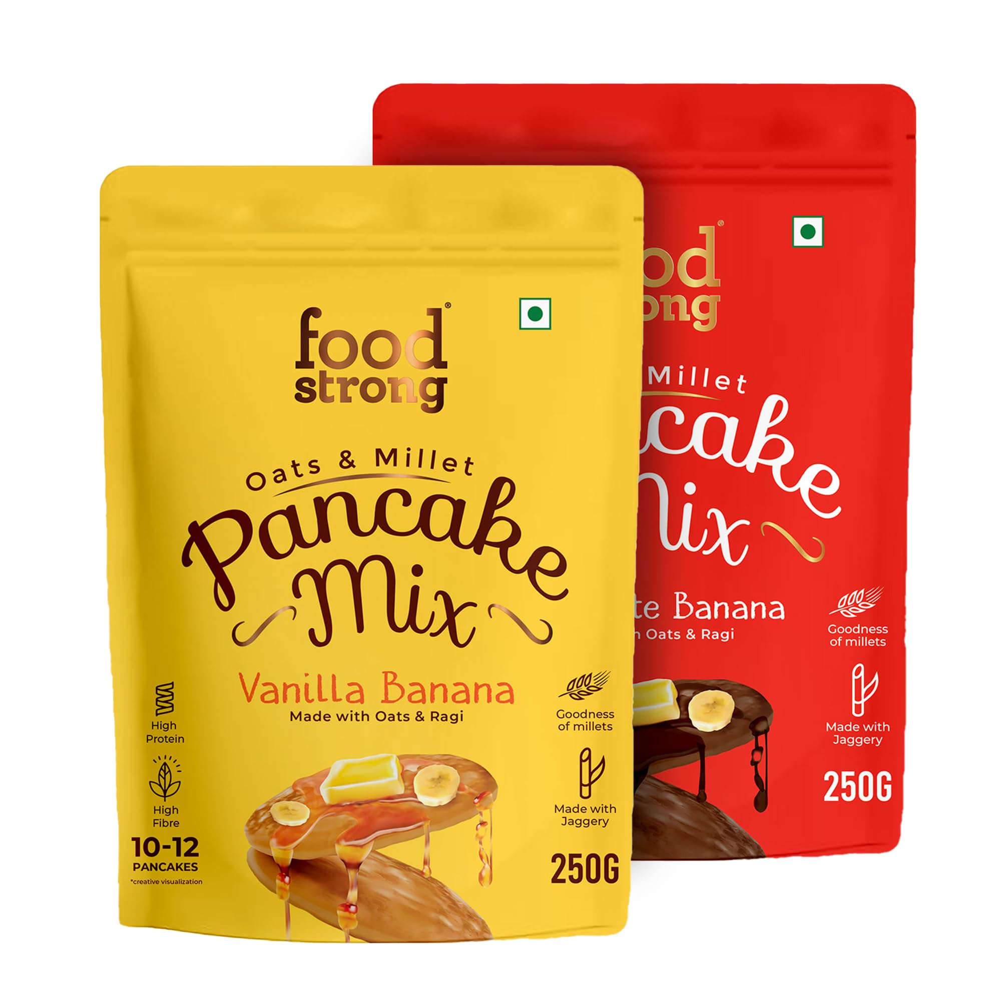 Foodstrong Oats & Millets Vanilla Banana & Chocolate Banana Waffle & Pancake Mix, Source of Fibre & Protein, No Maida, No Refined Sugar - With Jaggery, Eggless Instant Breakfast Mix 250g x Pack of 2