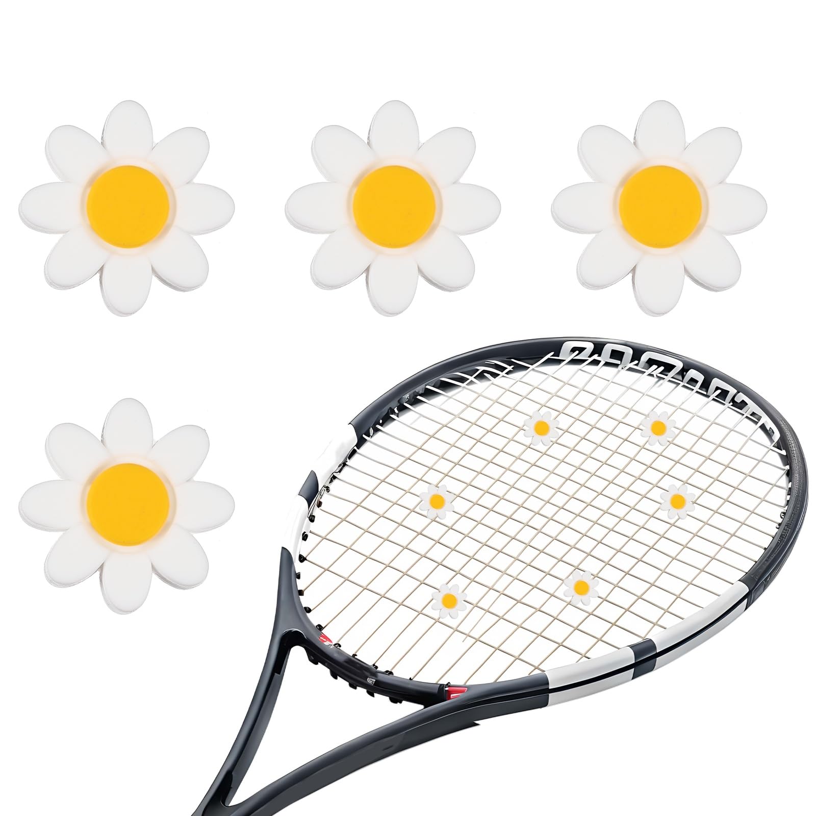 YELARXI Tennis Dampener, Flower Silicone Tennis Racket Dampeners Racket Shock Absorber to Reduce Vibration Soft Cute Fitting for (Players/Universal Fit for All Racquets) 4Pcs & Yellow