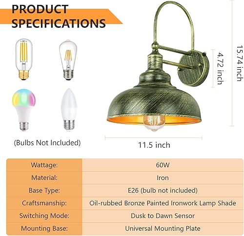 Miniatura 6 de DAKAFUL Paquete de 2 luces de granero al aire libre del atardecer al amanecer, aplique de pared de bronce antiguo adecuado para una variedad de