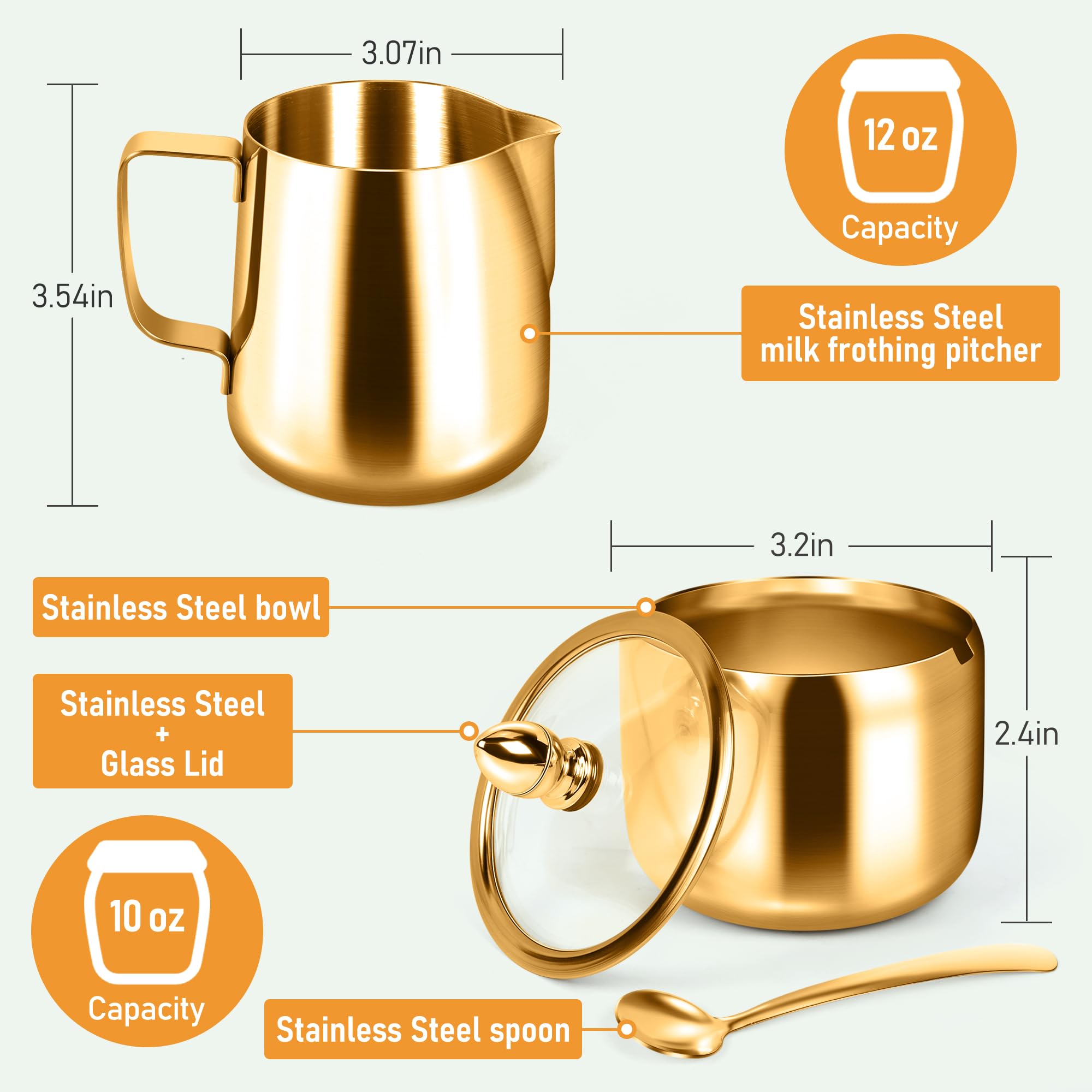 Juego de azúcar y crema, recipiente de azúcar y jarra de espuma de leche para cafetería, azucarero de acero inoxidable con tapa y cuchara para accesorios de máquina de espresso (dorado)