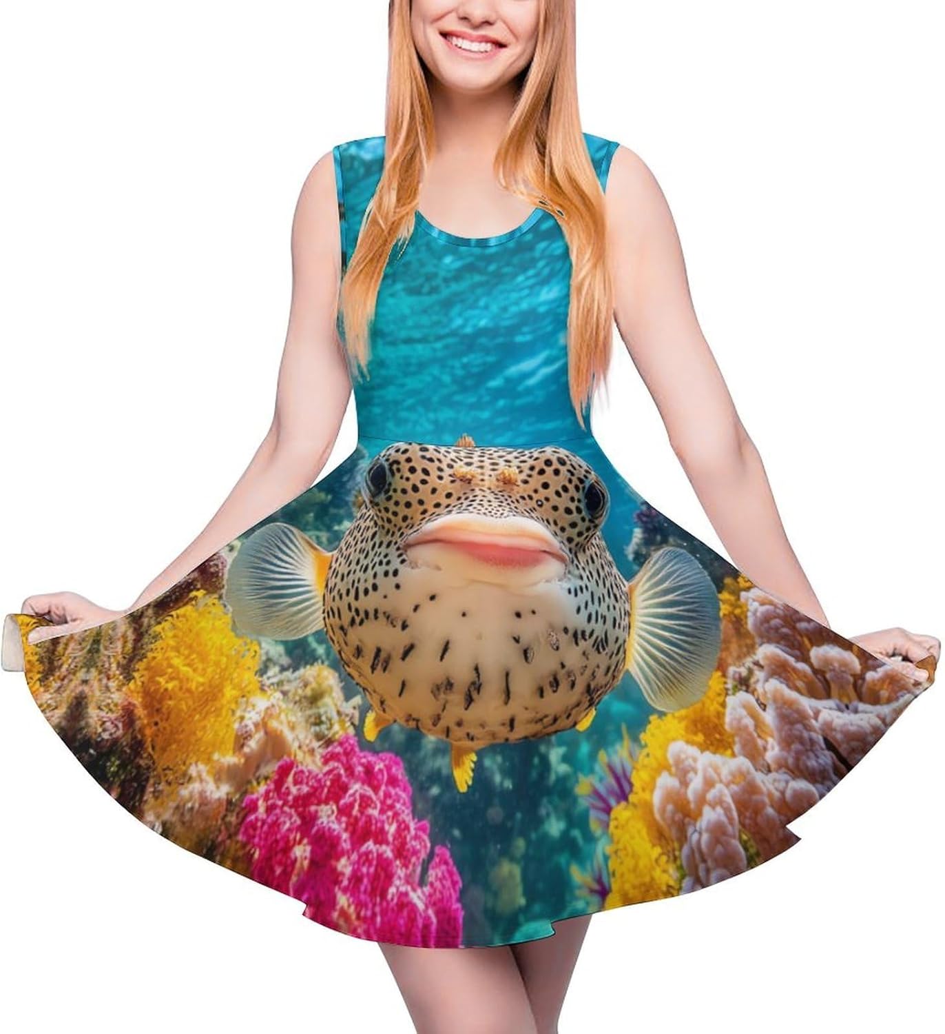 Puffer Fish Coral Fish Women's Dresses Round Neck Dress Sleeveless Tank Dress Ruffle Hem Sundress