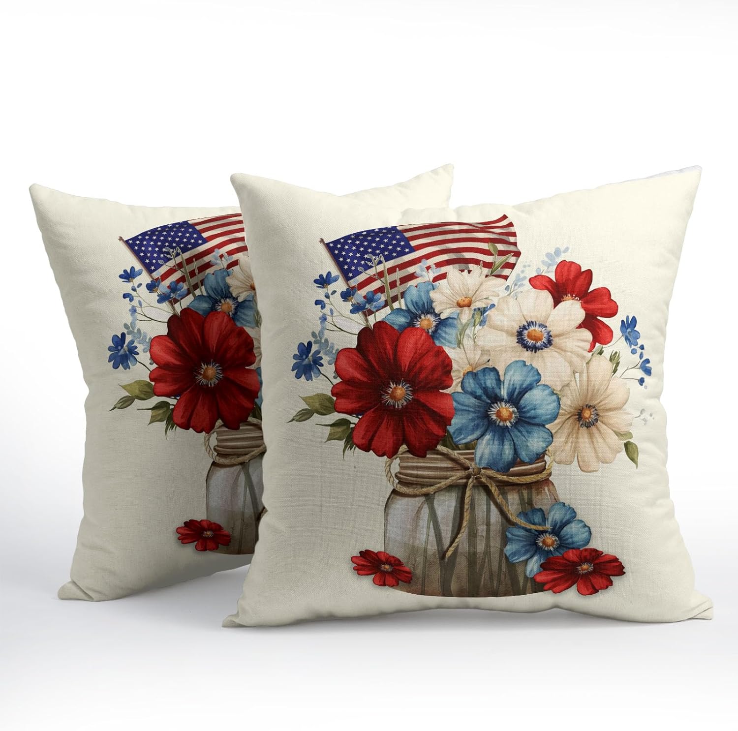4th of July USA Flag Throw Pillow Covers 24X24 Inches Set of 2 Patriotic Mason Jar Red Blue White Flowers Memorial Day Pillowcase Soft Cotton Linen Square Cushion Covers for Home Sofa Bedroom