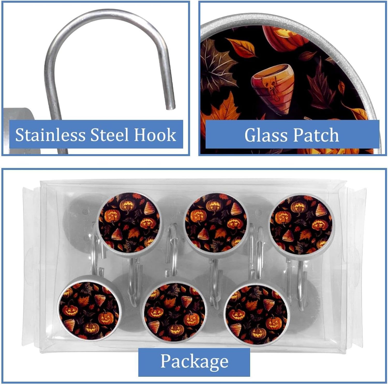 Set of 12 Shower Curtain Hooks, Shower Curtain Rings Crystal Glass Decorative Bathroom Hook, Halloween