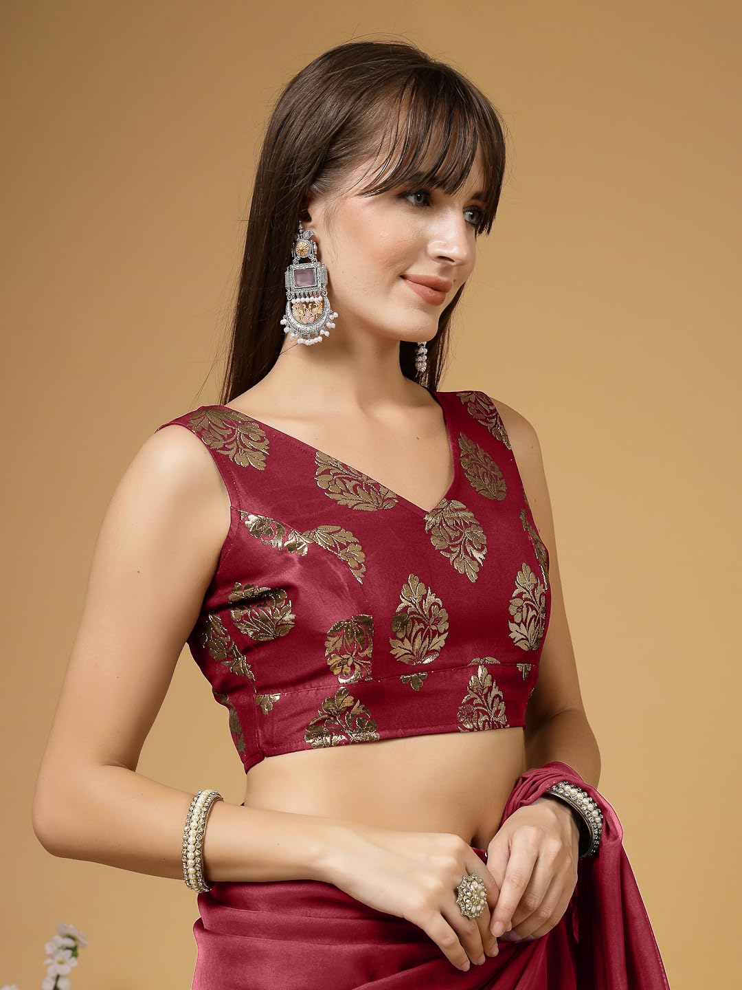 Oomph Women's Indian Ethnic Wear Designer Big Paisley Pattern Zari Work V Neck Sleeveless Indian Red Color Brocade Readymade Blouse For Saree Or Lehnga And Fusion Twist. Xxl