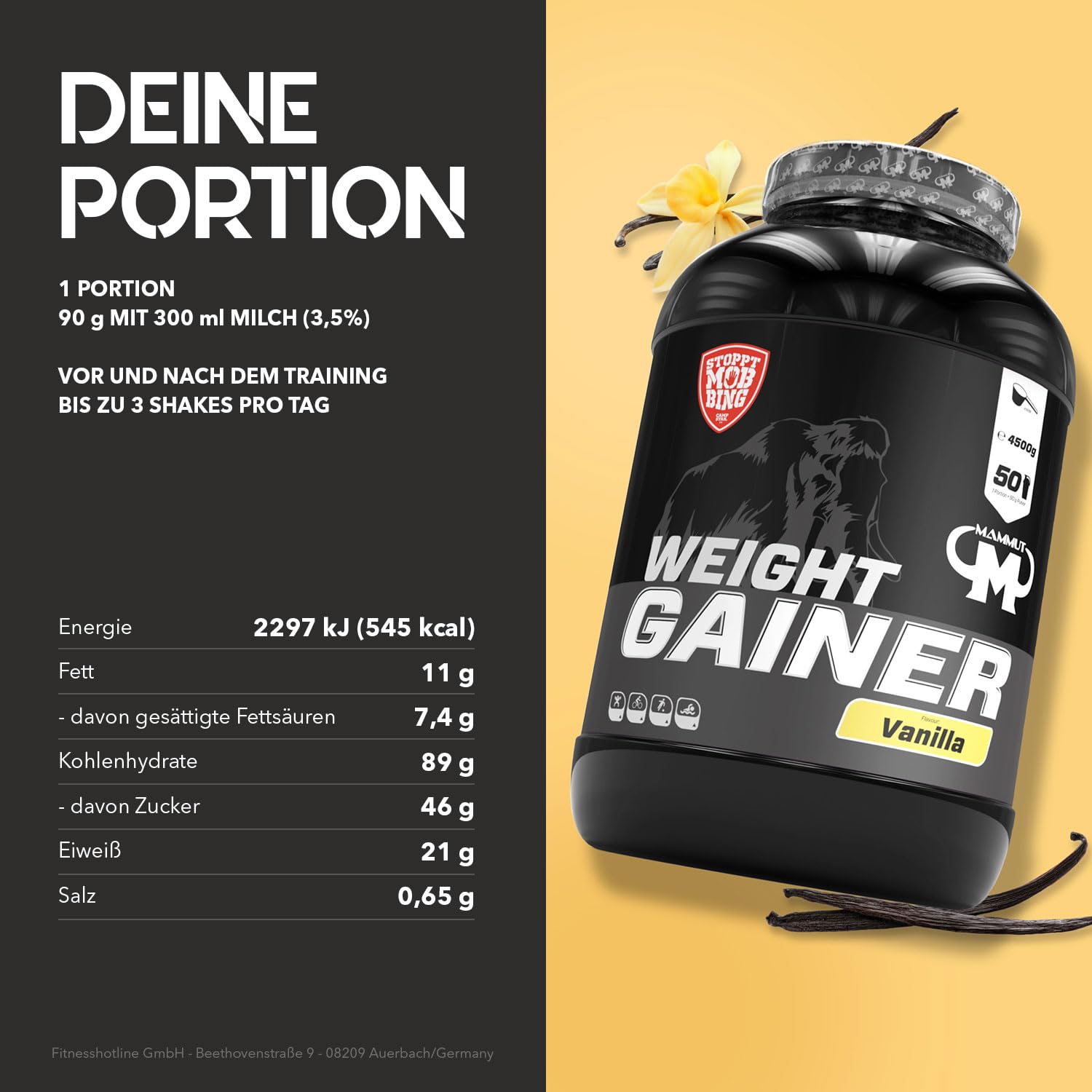 Mammut Masseaufbau Set - 4500 g Weight Gainer (Vanille) - 1000 ml Amino Liquid (Blutorange) - 300 g Creatin Monohydrat - Protein Shaker