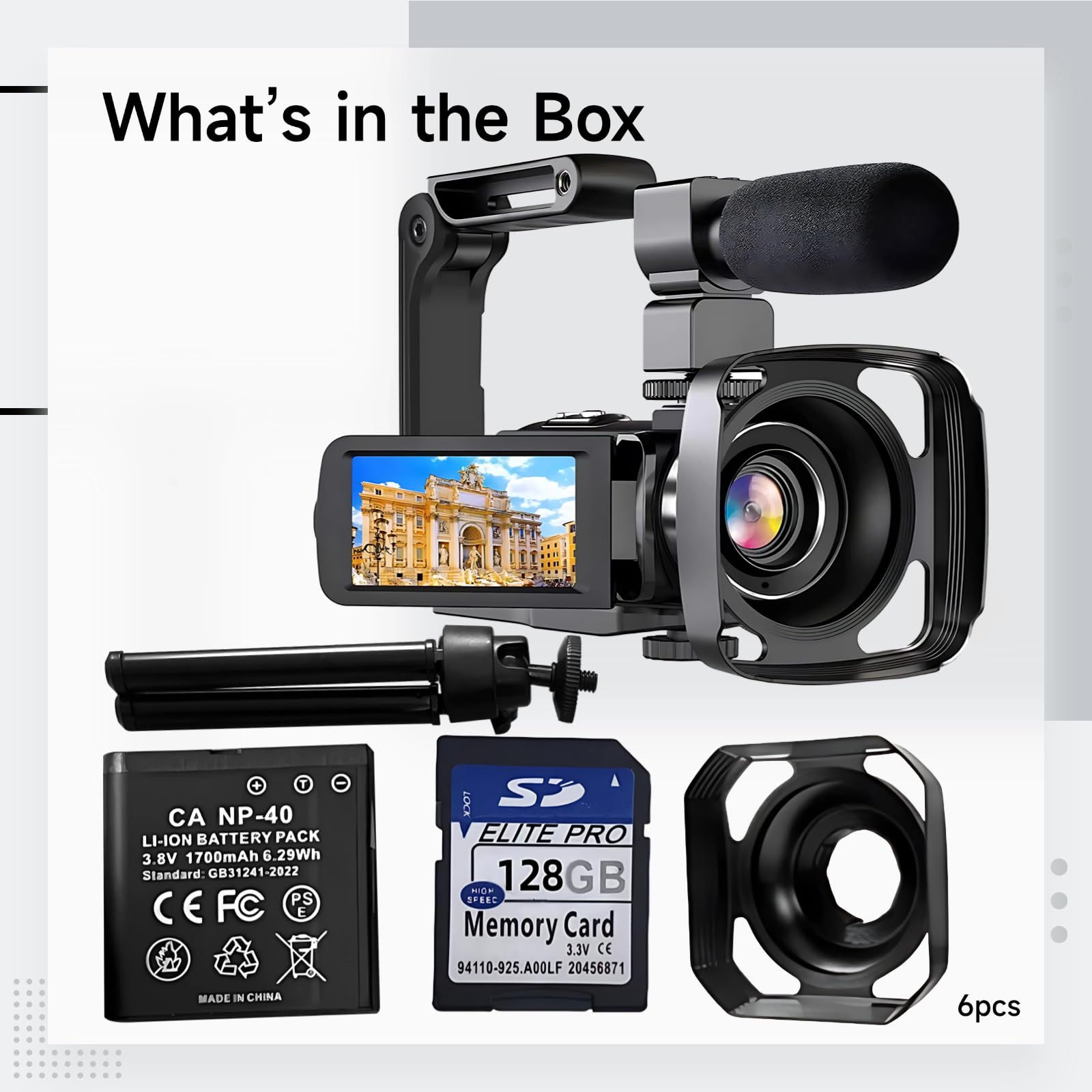 Registratore Fotocamera Digitale, 56Mp 4K Videocamera Video con Microfono, Scheda 128G, Stabilizzatore Portatile, Obiettivo Cappuccio, Treppiede, Zoom 18X, Vision Night Ir, Touch 3 Screen, 2