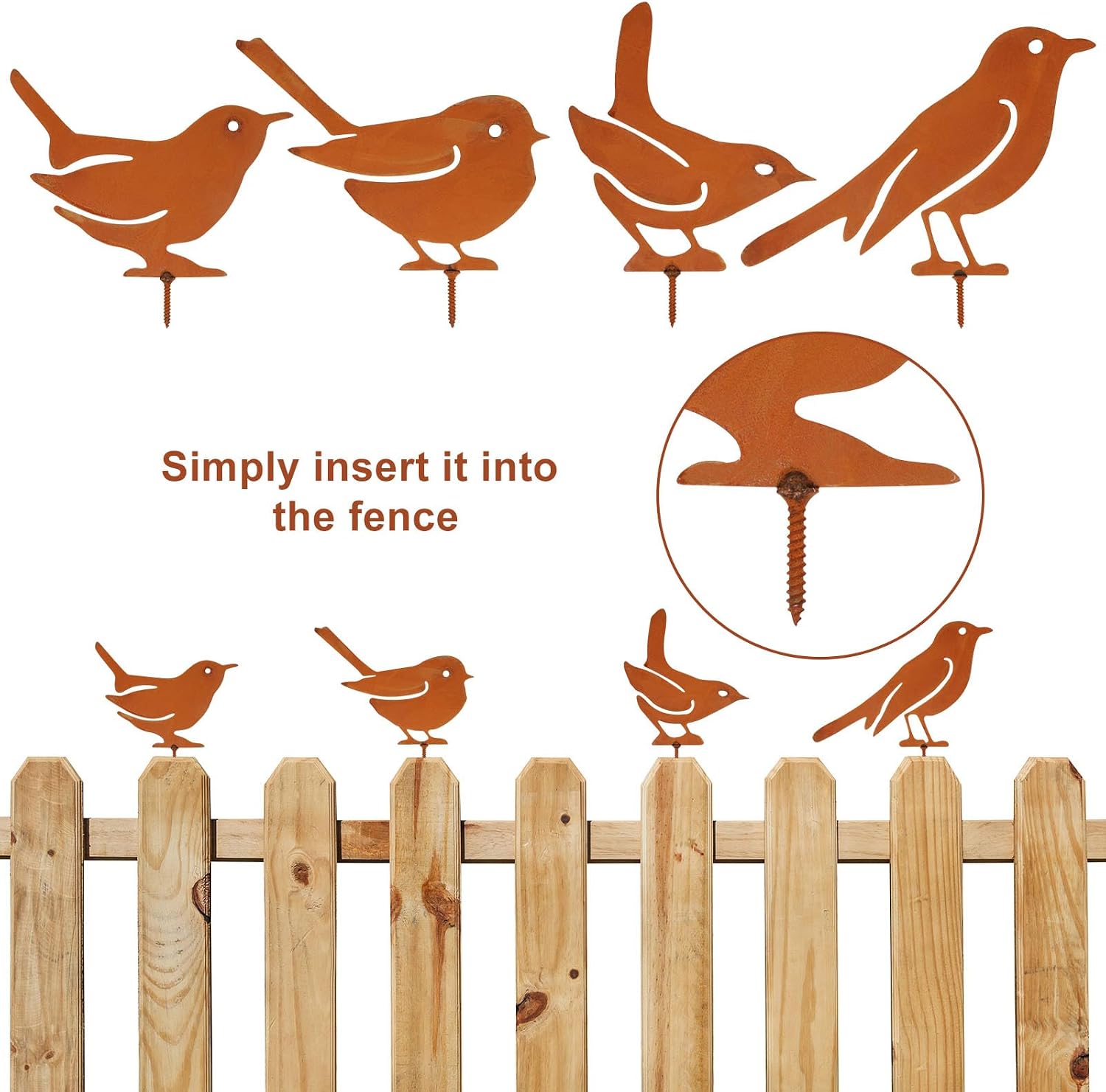 4PCS Metal Birds Fence Decoration, Outdoor Rusty Birds Garden Sculptures and Yard Art, Craft Statue Ornaments Rustic Farmhouse Garden Decor