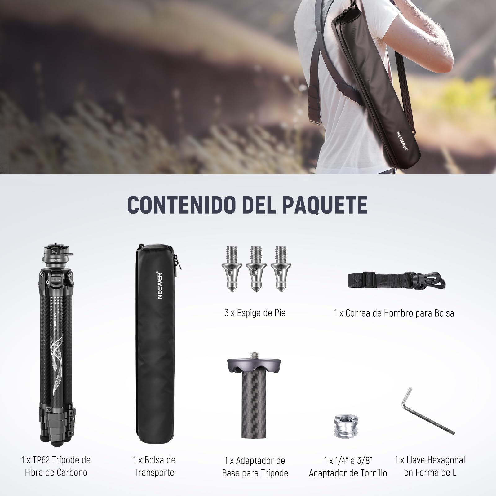 NEEWER LITETRIP LT32 - Trípode de viaje de fibra de carbono de 62 pulgadas con nivelación de ± 15°, cabeza panorámica de 360°, eje central desmontable, hebilla de giro rápido, placa Arca QR compatible