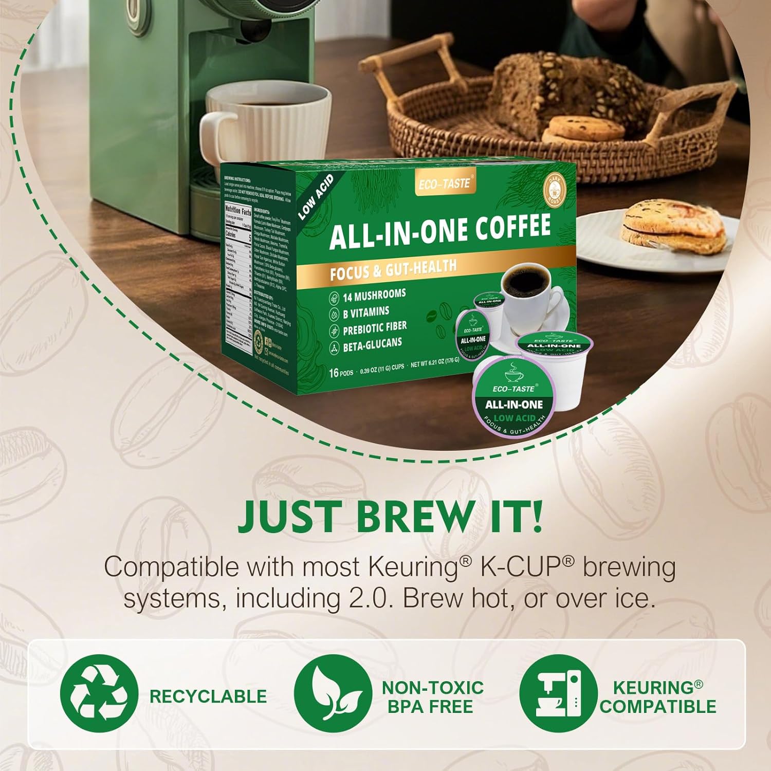 Mushroom Coffee K Cup Low Acid - Single Origin – Focus & Gut-Health with 14-Mushrooms, Vitamins, L-Theanine and Alpha GPC, Single Serve Pods - No Crash or Jitters, 16 Count