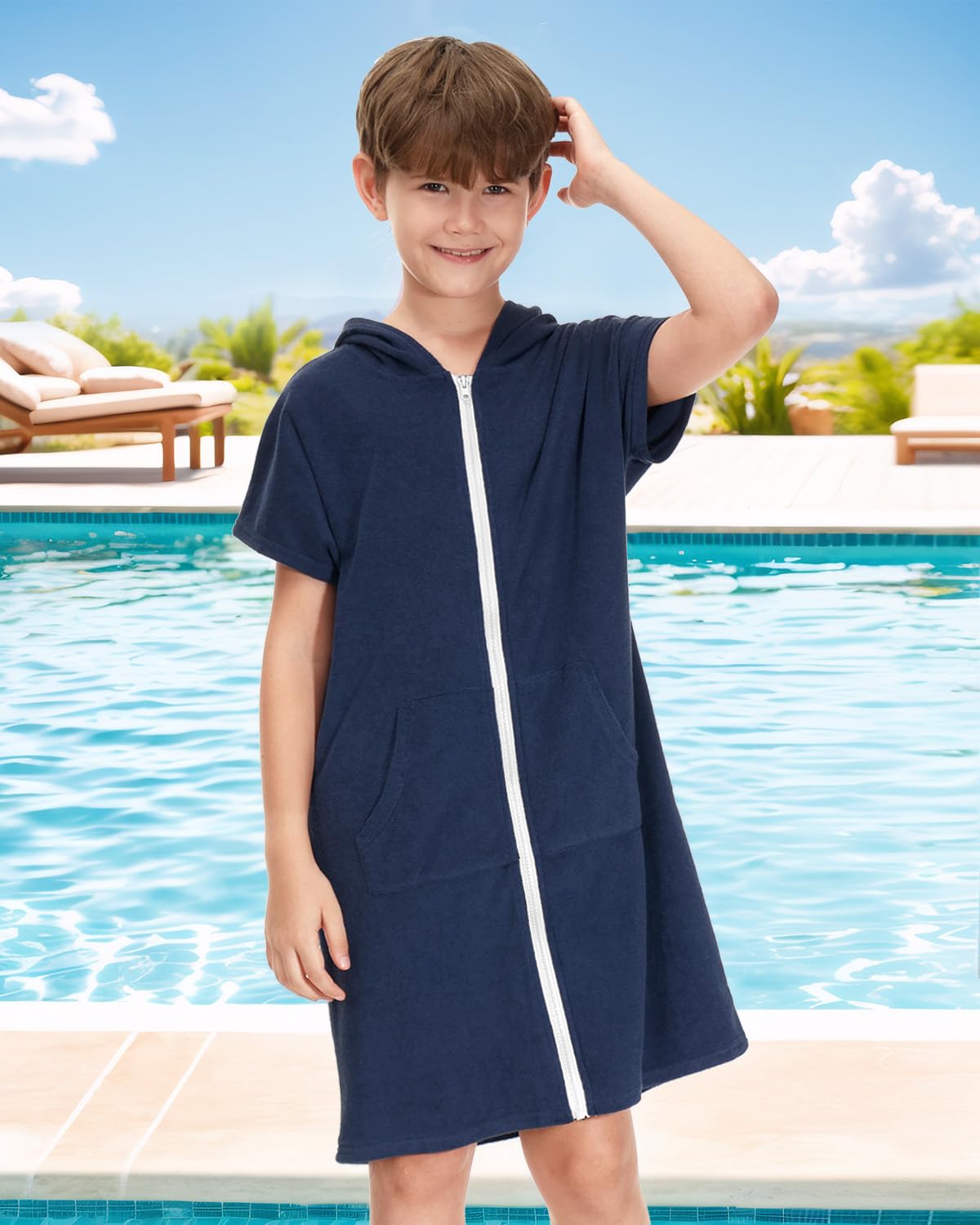 BesserBay Mädchen Handtuch Strandponcho Badeponcho Seitentaschen mit Kapuze Blau Reißverschluss Surf Poncho 130