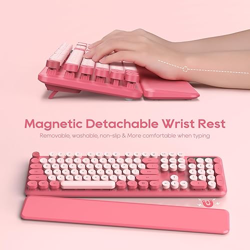 Miniatura 2 de Combo de teclado y mouse inalámbricos teclas redondas, teclado retro de tamaño completo con reposamuñecas desmontable, modo de sueño y patas