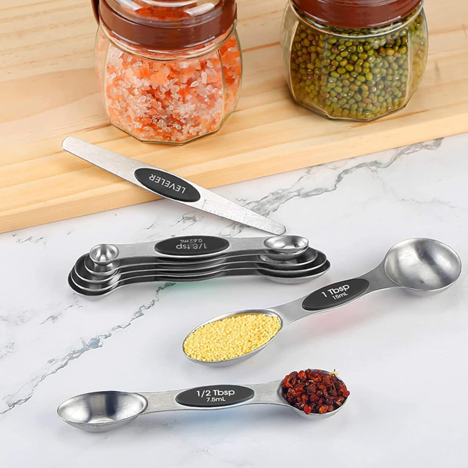 Magnetic Measuring Cups and Spoons Set, 16PCS with 7 Stainless Steel Measuring Cups 8 Magnetic Spoons and 1 Leveler for Measure Dry and Liquid Ingredients, Dishwasher Safe (Black)
