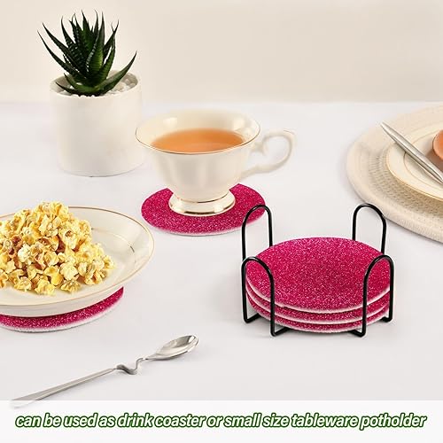 Miniatura 6 de Juego de 6 posavasos absorbentes con purpurina rosa para protección de mesa, juego de 6 con soporte absorbente