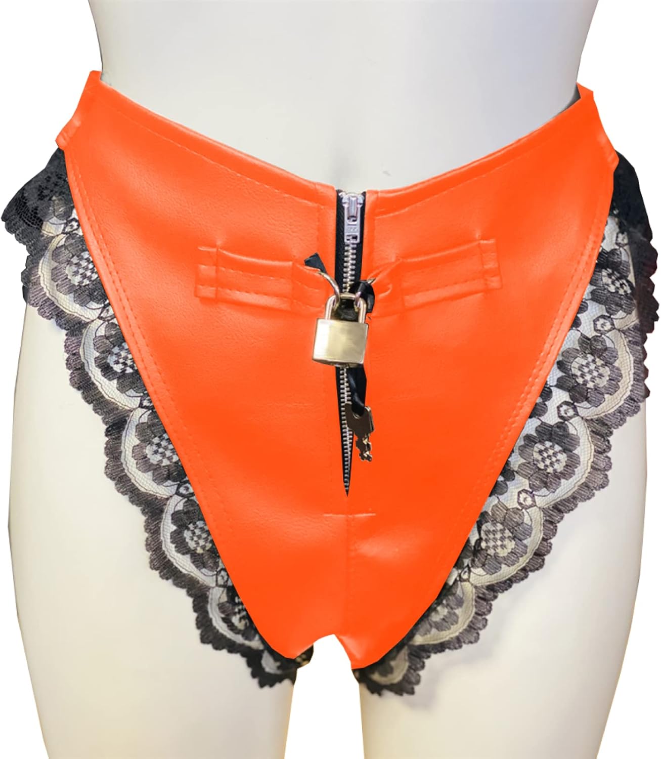 Lockable Panties Unisex Zipper Knickers Black Lace Briefs Wet Look PVC Shiny High Waist Underpants Costume,Orange,L