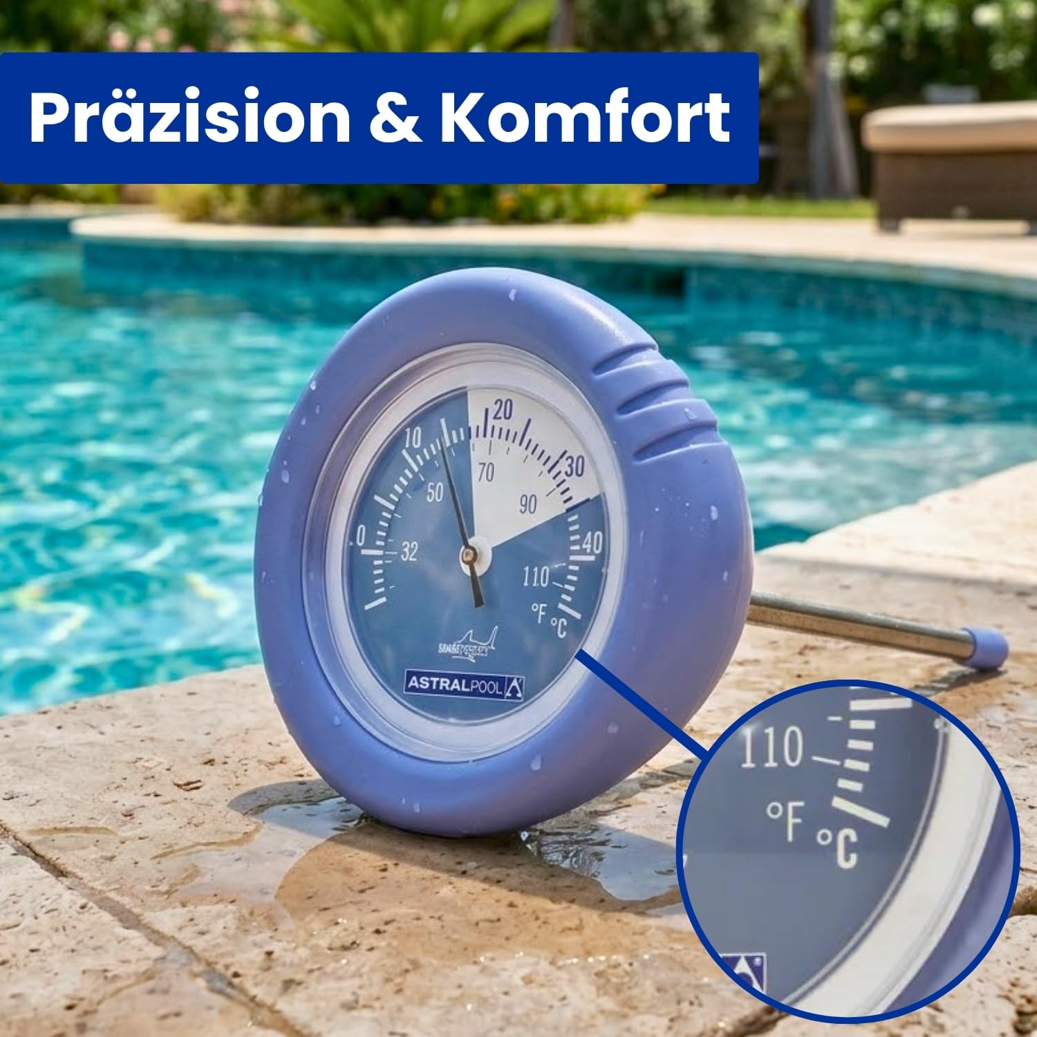 Astral Pool Shark Rundthermometer Analog - Poolthermometer mit °C und °F Skala - Ablesung in ca. 30 cm Wassertiefe - UV-beständiges Poolzubehör Made in Europe