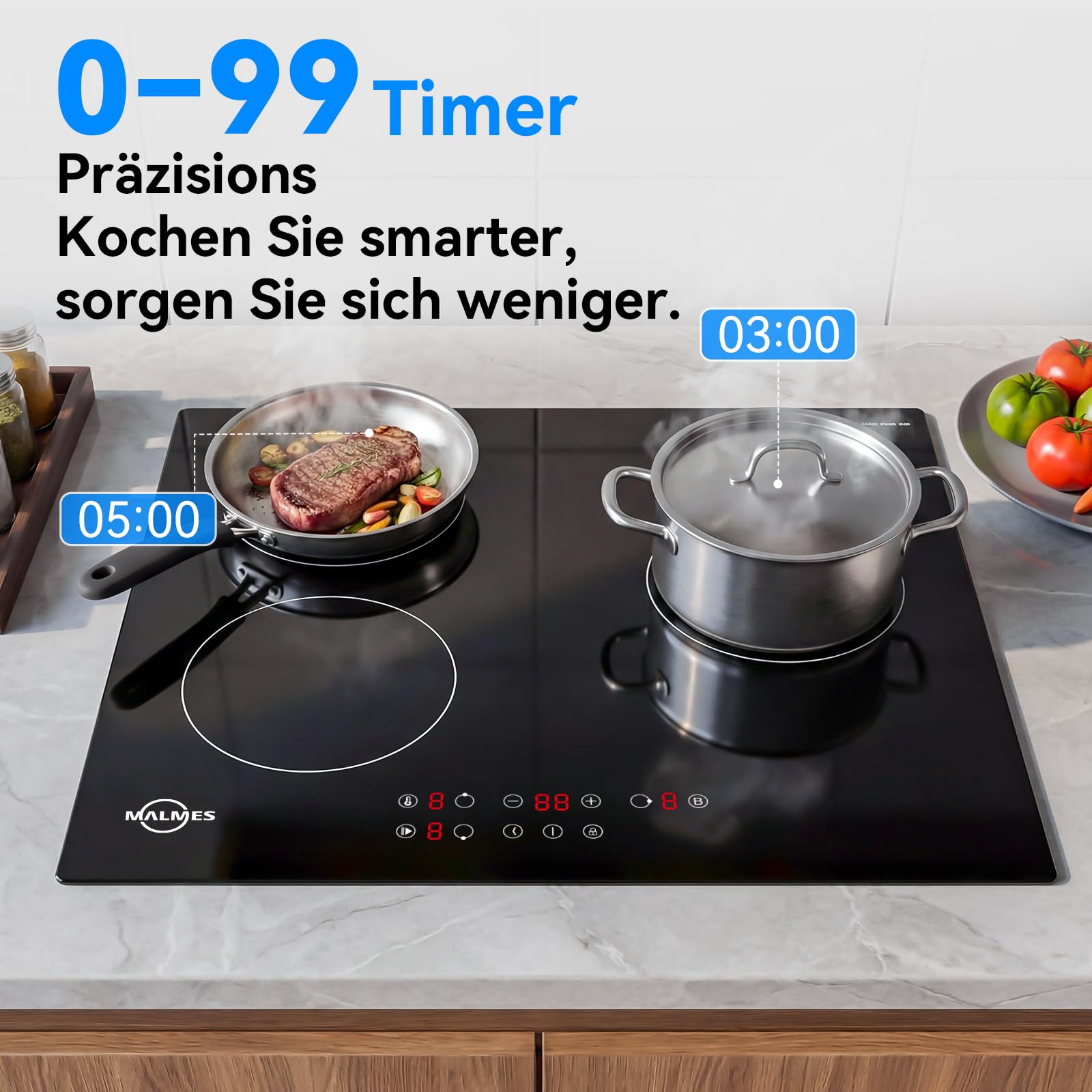 3 Platten Induktionskochfeld 60 cm, 5500W Einbau Kochfeld Induktion | Power Booster Touch-Bedienung, 9 Leistungsstufen, Sicherheitsschloss, Touch-Bedienung, Zeitschaltuhr, D60355C1