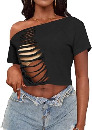 Hilinker Women Off The Shoulder Crop Tops Sexy Cut Out Ripped Short Sleeve Cropped T Shirts