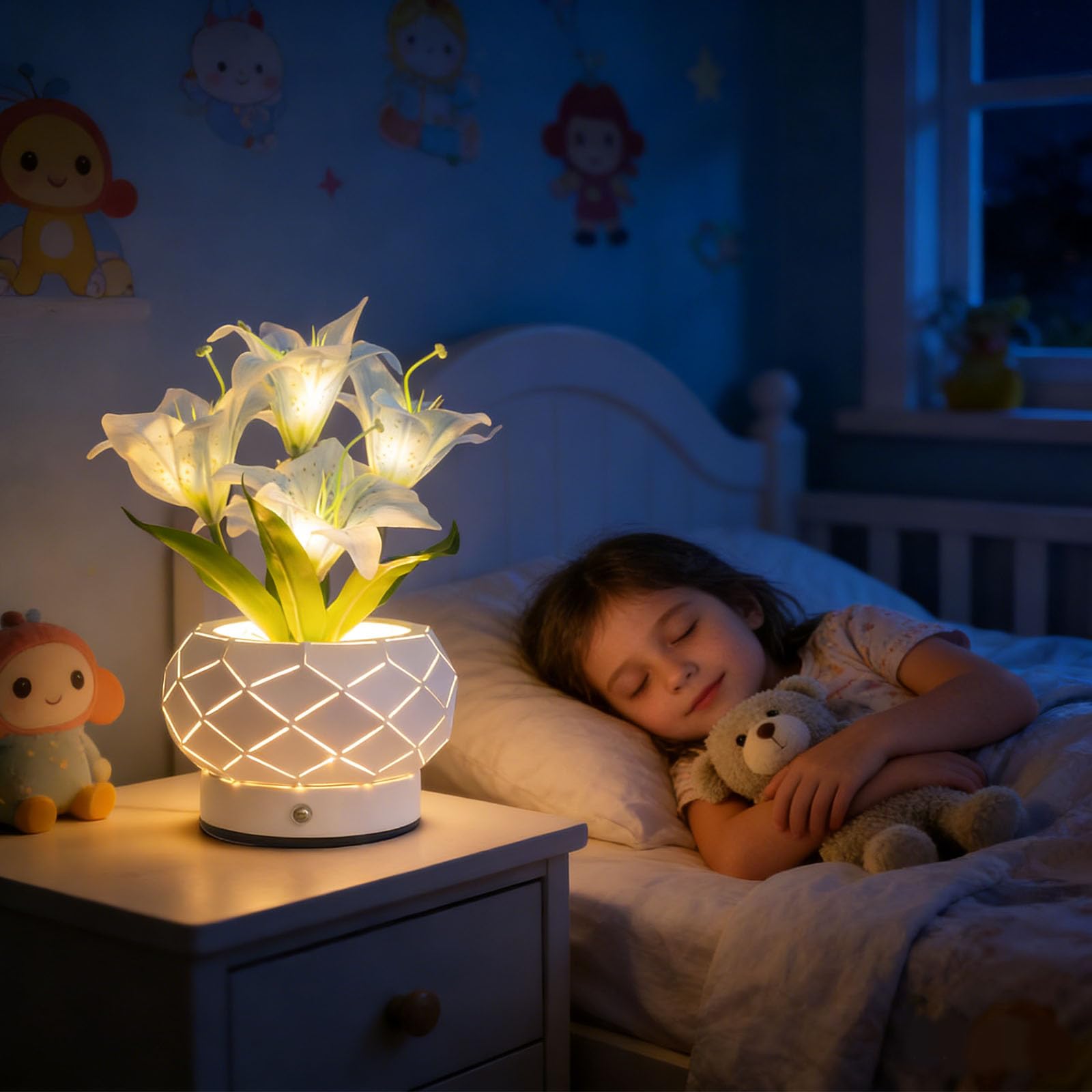 Lilien-Nachtlicht in geometrischem Eisen-Übertopf, 3 Farben, unendlich, dimmbar, Tischlampen, geeignet für Kindernachttisch, ein Geschenk für geliebte Menschen, Hochzeitsdekoration, Lilienblau, 11,9 x