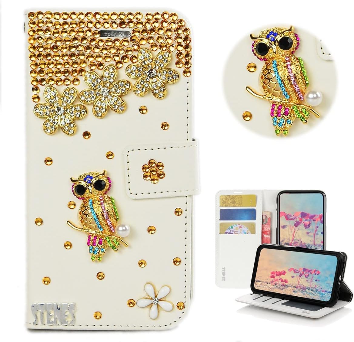 STENES Bling Wallet Phone Case Compatible with LG K51 - Stylish - 3D Handmade Pretty Night Owl Floral Design Magnetic Wallet Stand Leather Cover Case - Gold