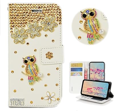 STENES Bling Wallet Phone Case Compatible with Samsung Galaxy A12 Case - Stylish - 3D Handmade Pretty Night Owl Floral Design Magnetic Wallet Stand Leather Cover Case - Gold