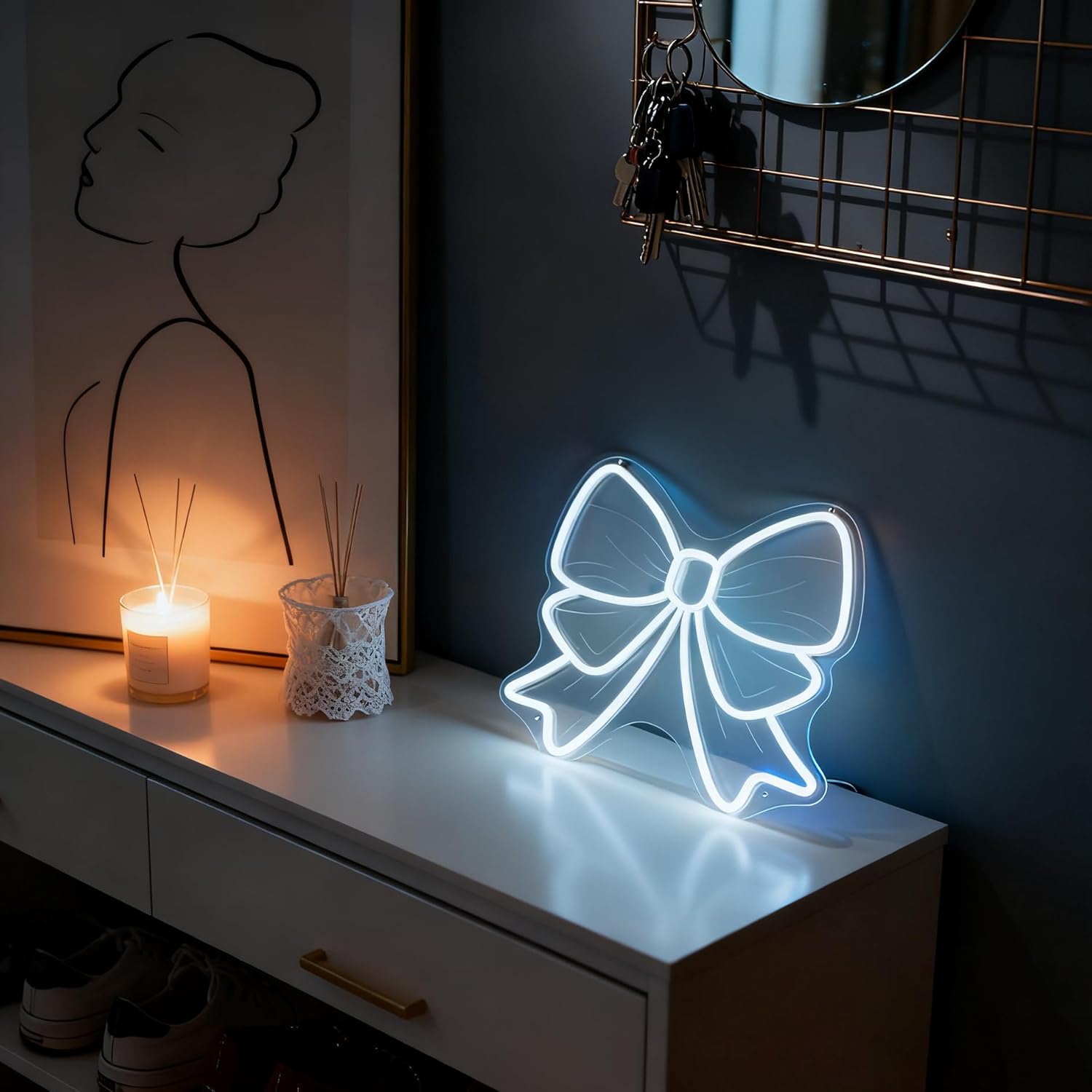 White Bow LED Neon Sign, Ribbon Bow Shape Accent USB Powered Decorative Neon Light for Girl Bedroom Dorm Living Room Party Wall Table Girly Theme Decor, 15 x 13.4 In